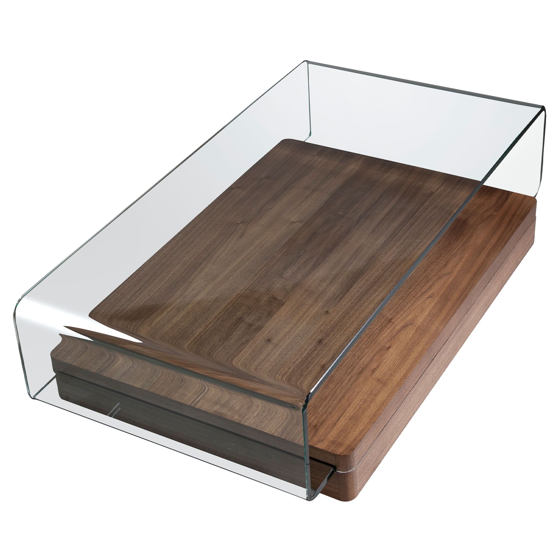 Rectangular tempered glass and walnut coffee table