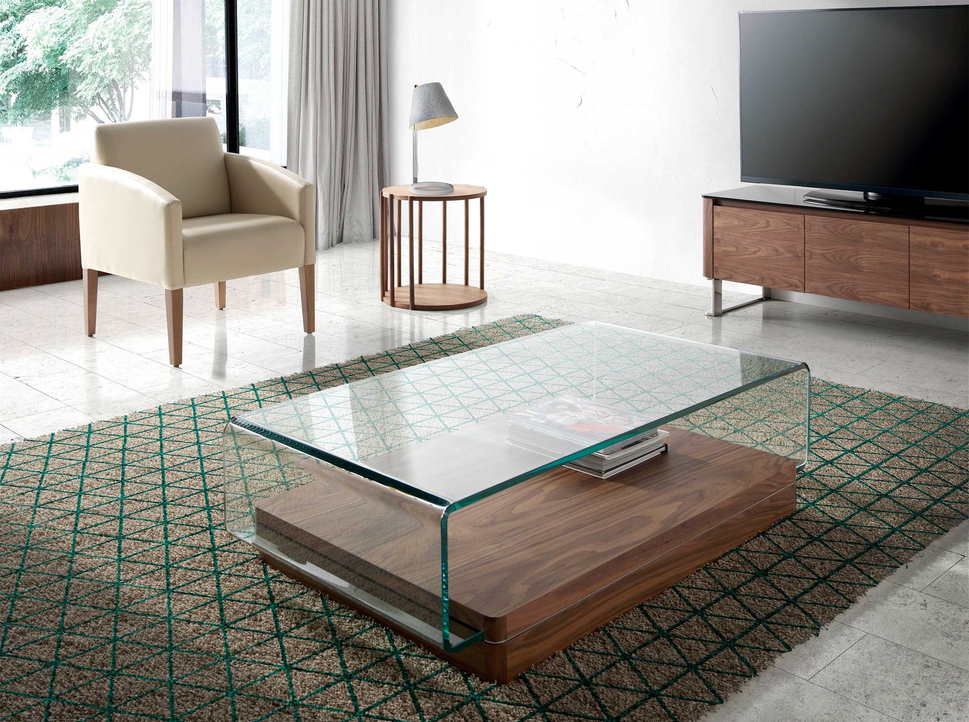 Rectangular tempered glass and walnut coffee table
