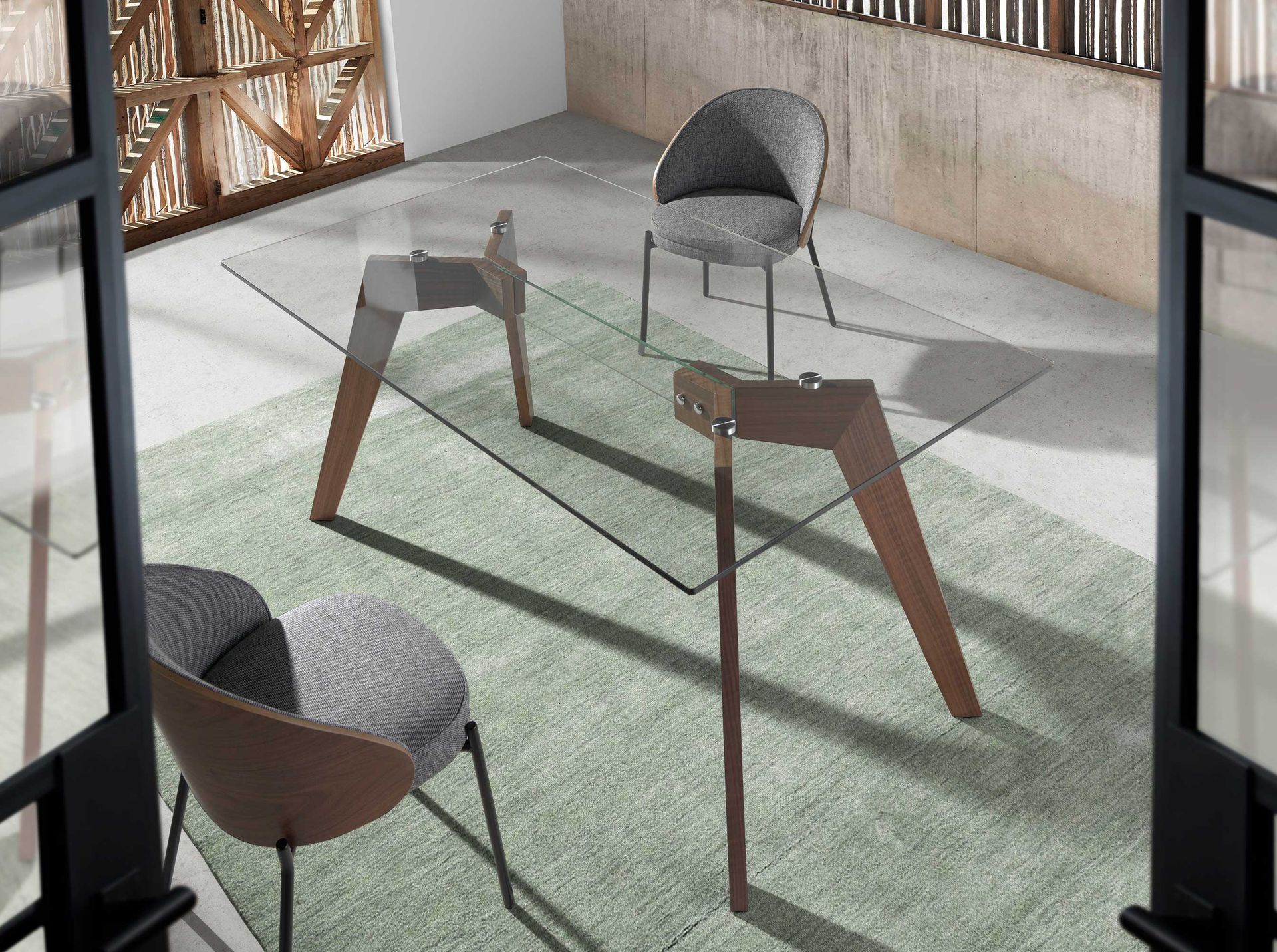Rectangular tempered glass and walnut dining table
