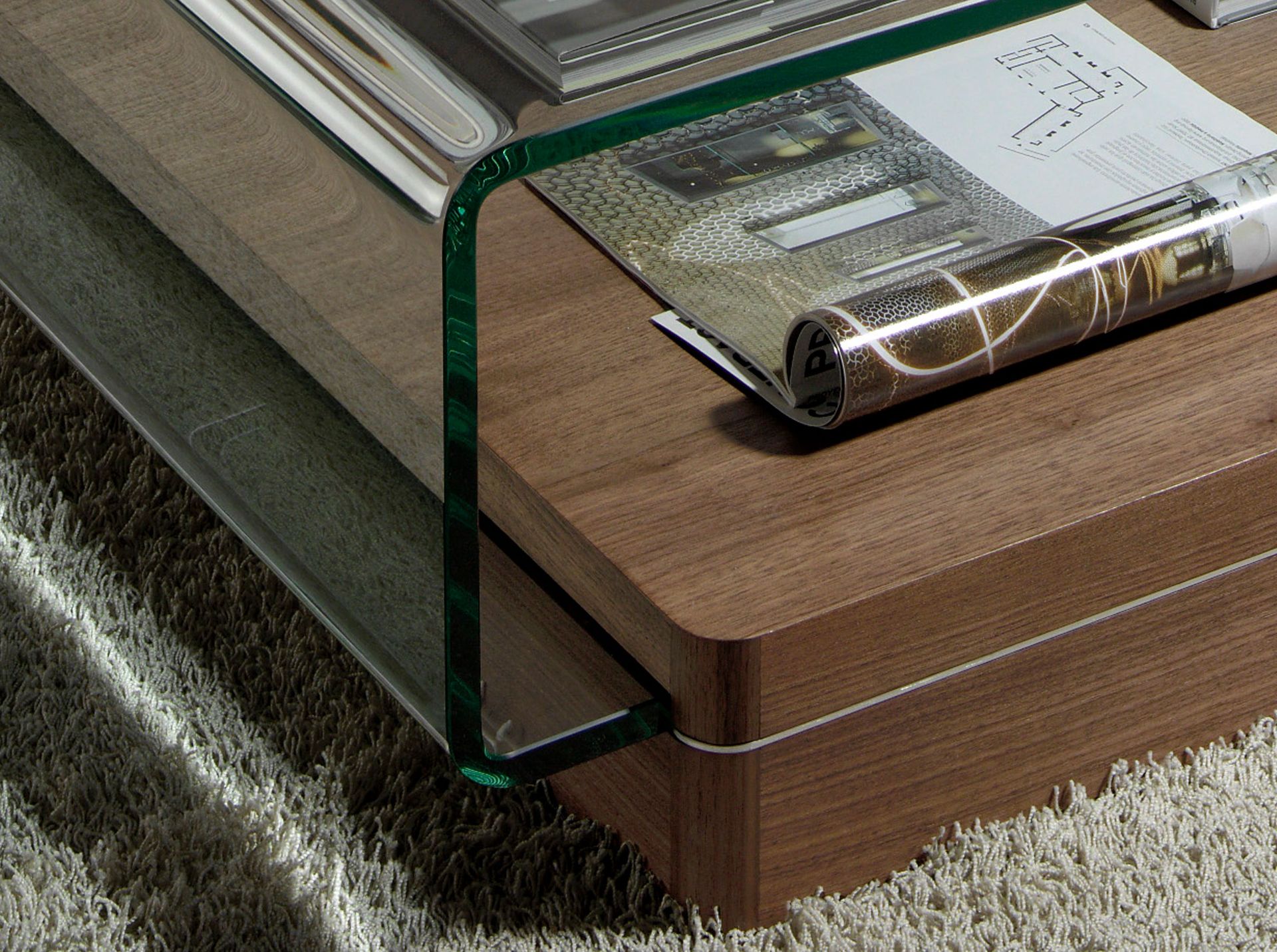 Rectangular tempered glass and walnut coffee table