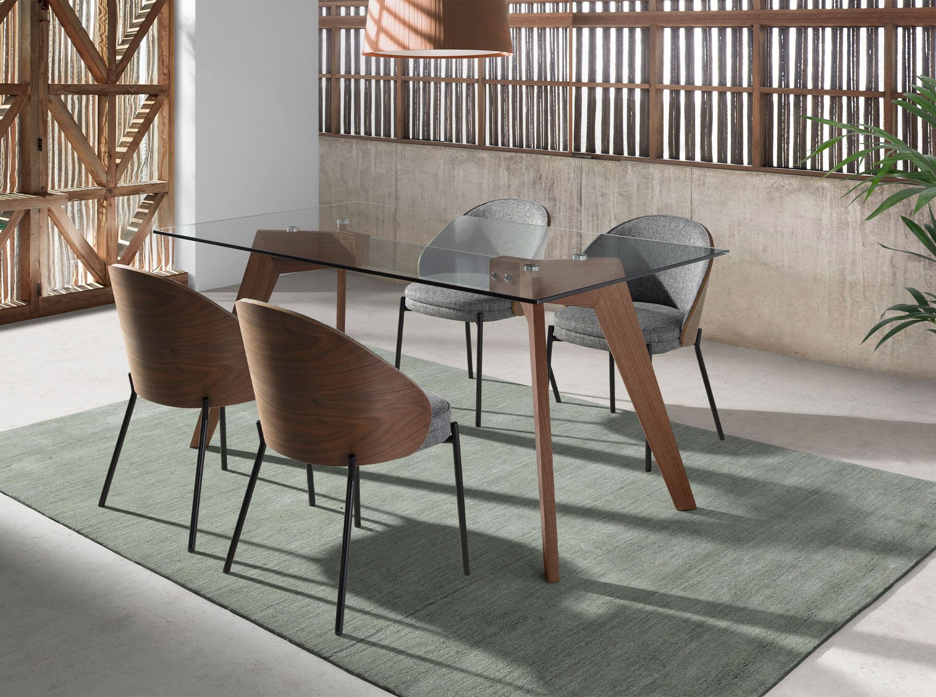 Rectangular tempered glass and walnut dining table