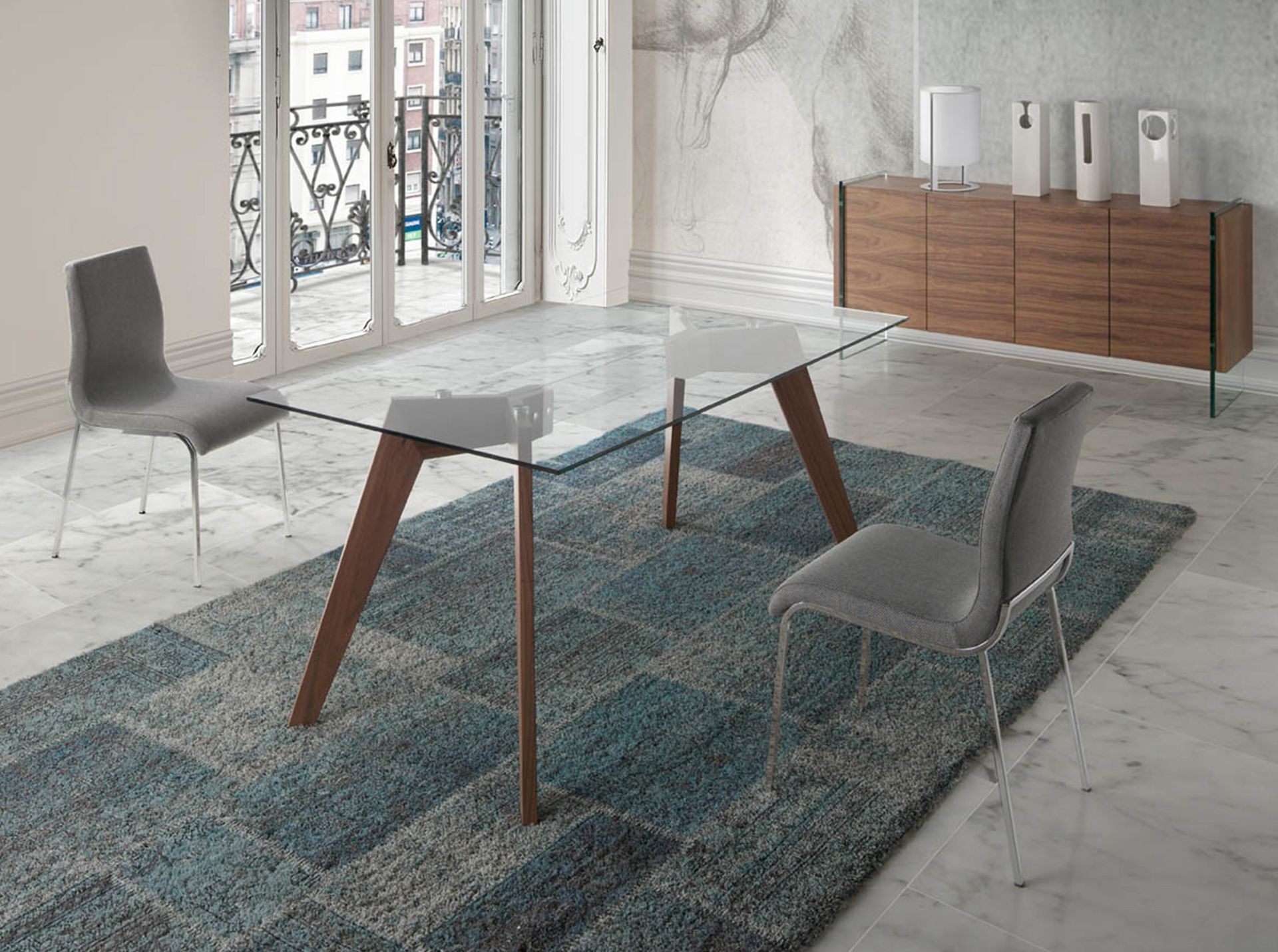 Rectangular tempered glass and walnut dining table