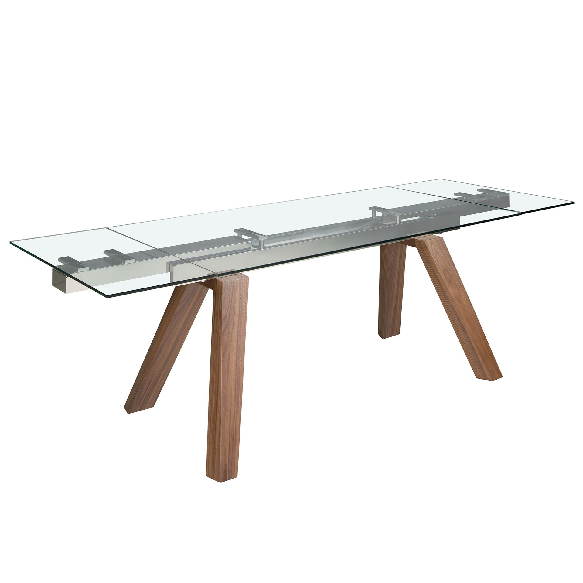 Rectangular tempered glass and walnut extending dining table