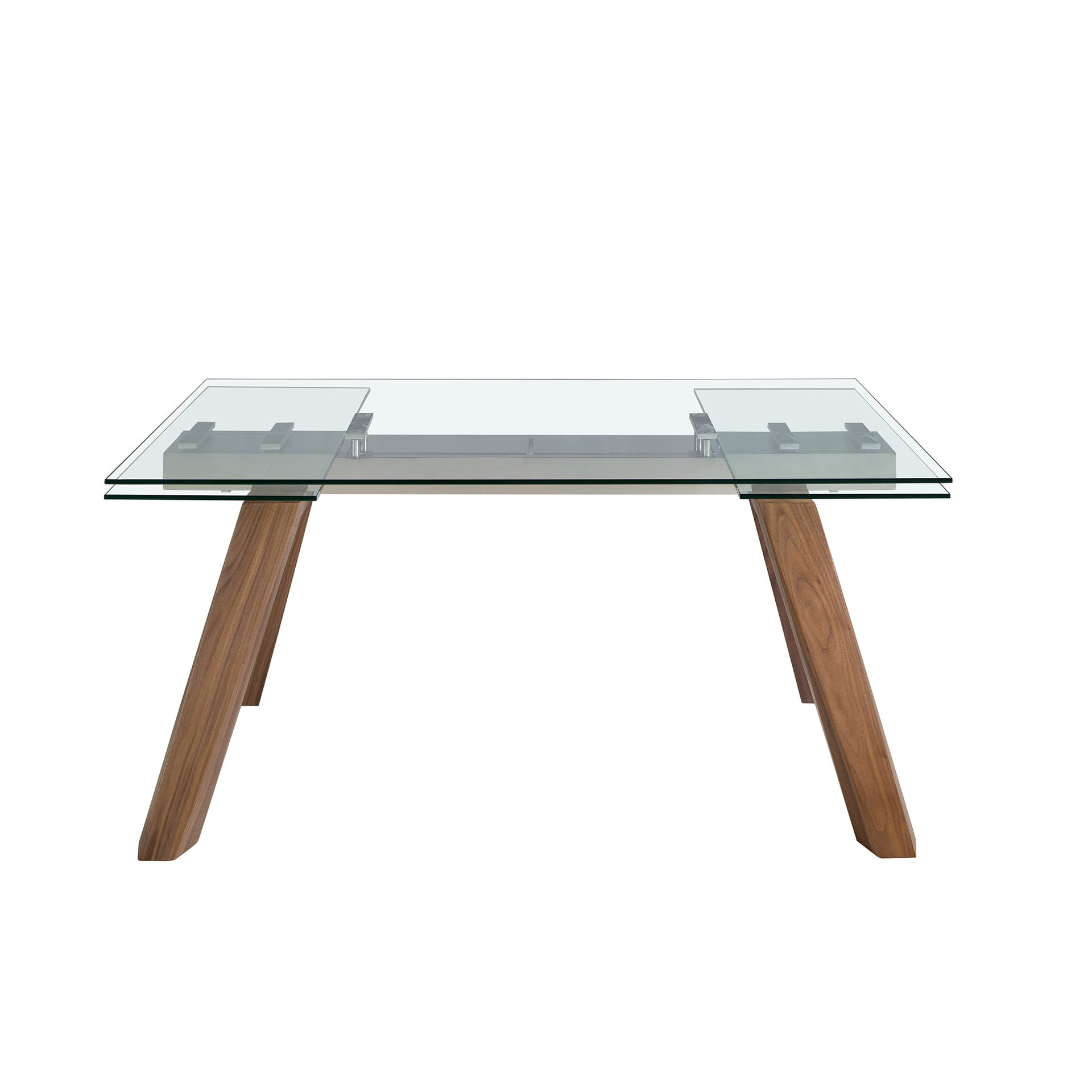 Rectangular tempered glass and walnut extending dining table