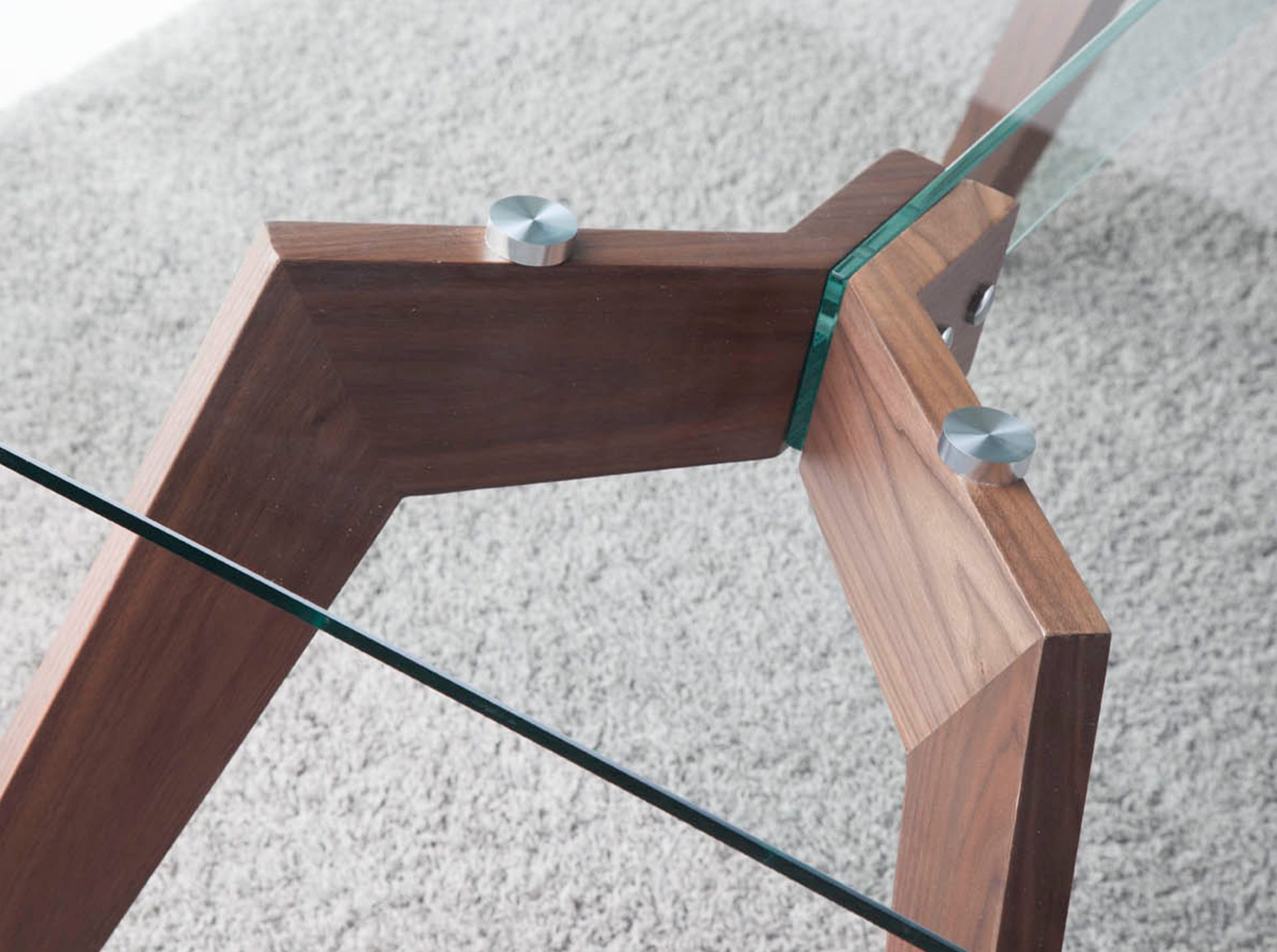 Rectangular tempered glass and walnut dining table