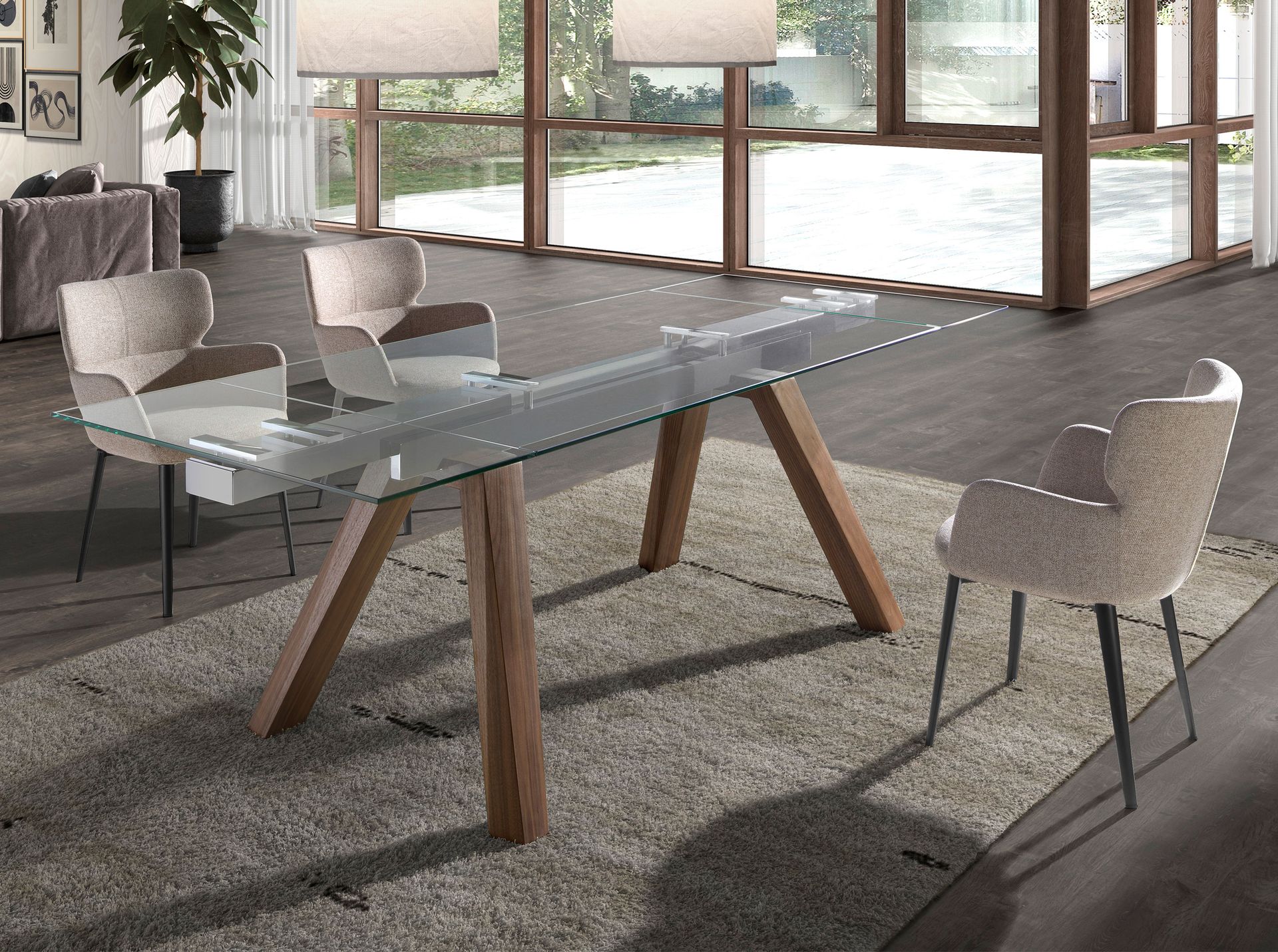 Rectangular tempered glass and walnut extending dining table