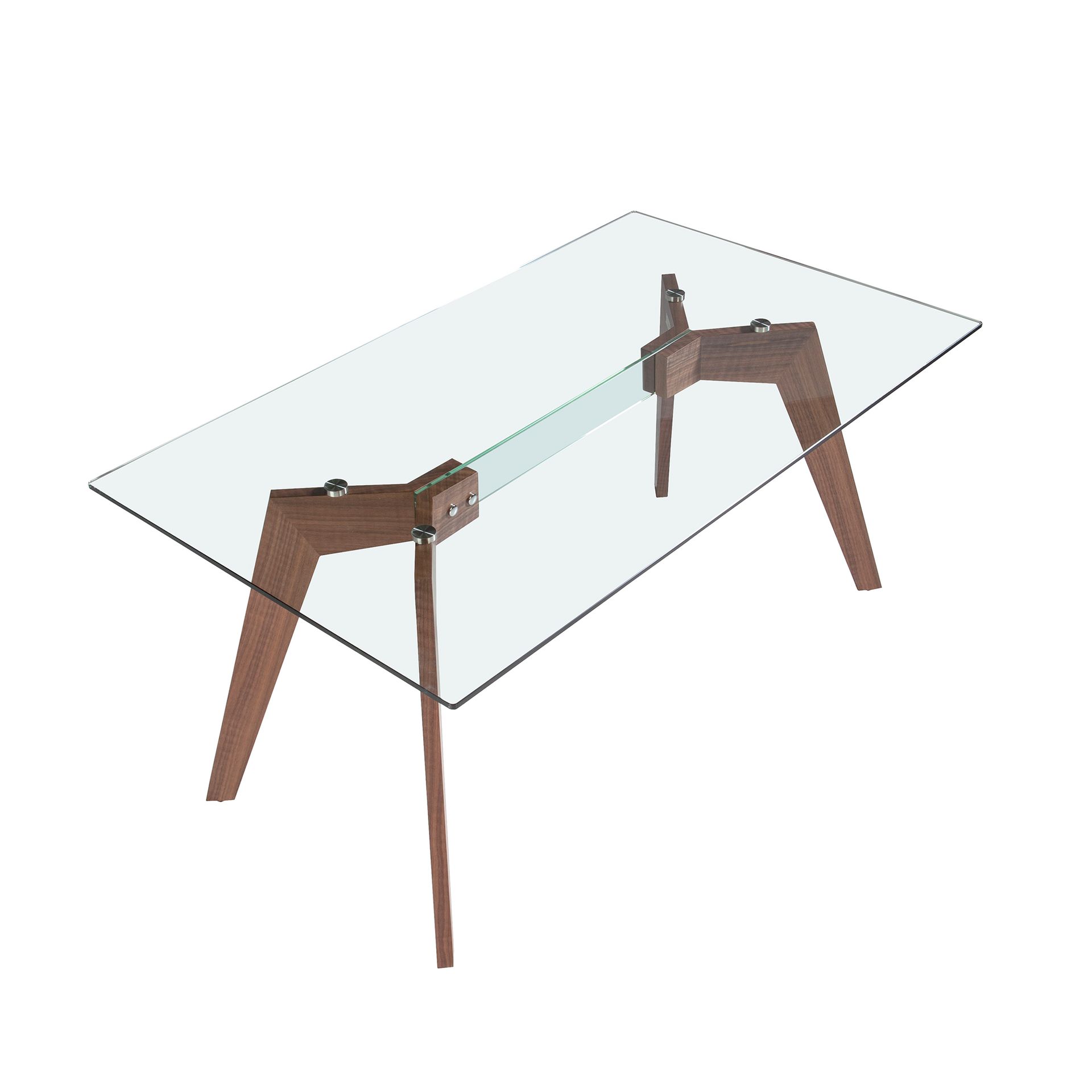 Rectangular tempered glass and walnut dining table