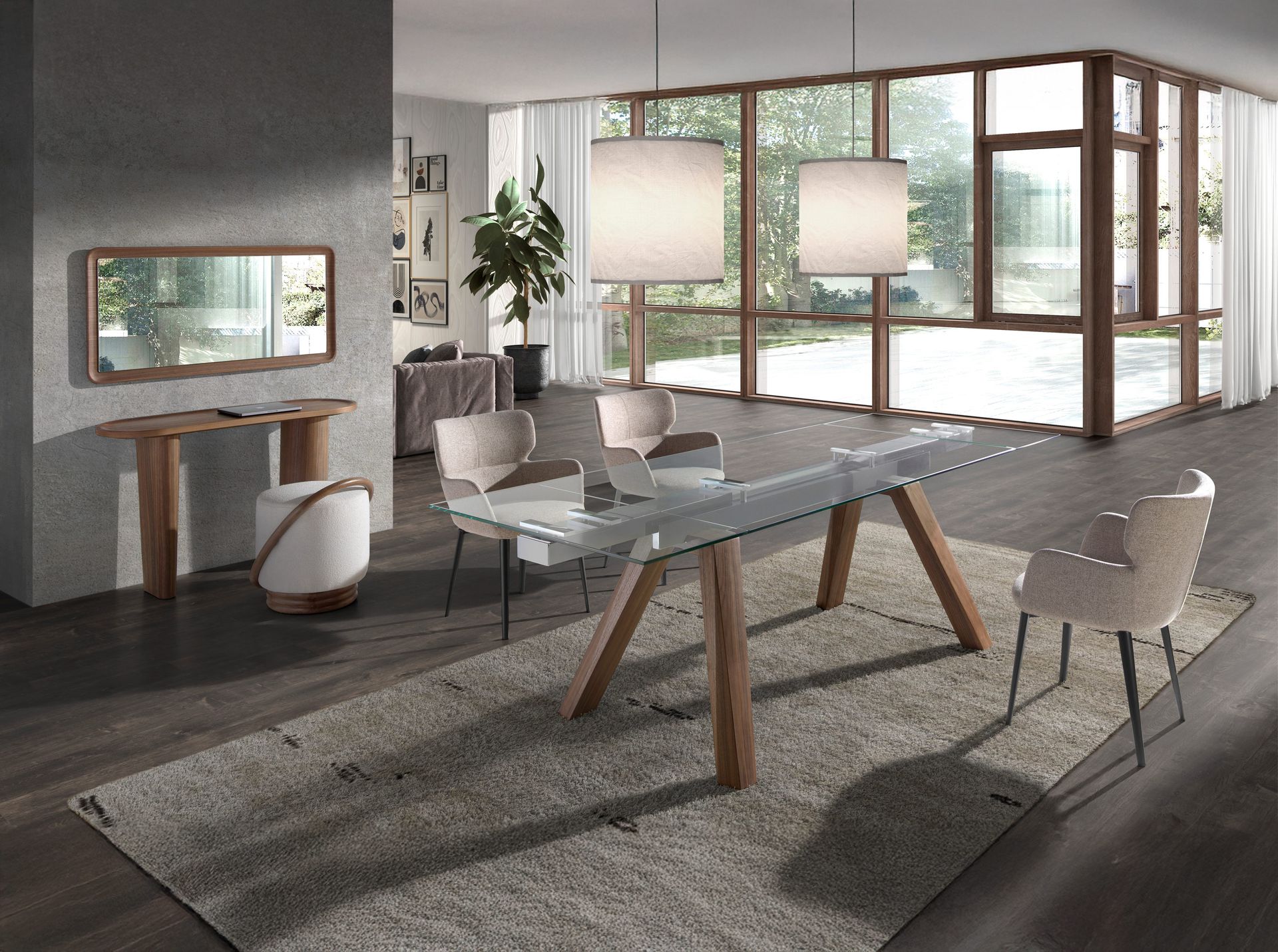 Rectangular tempered glass and walnut extending dining table