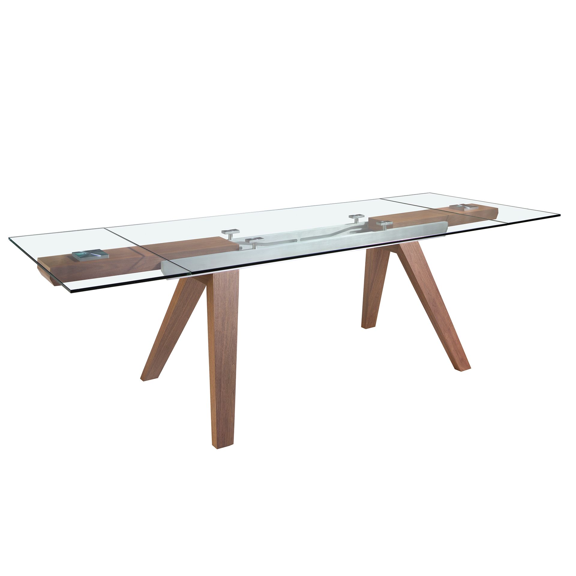 Rectangular tempered glass and walnut extending dining table