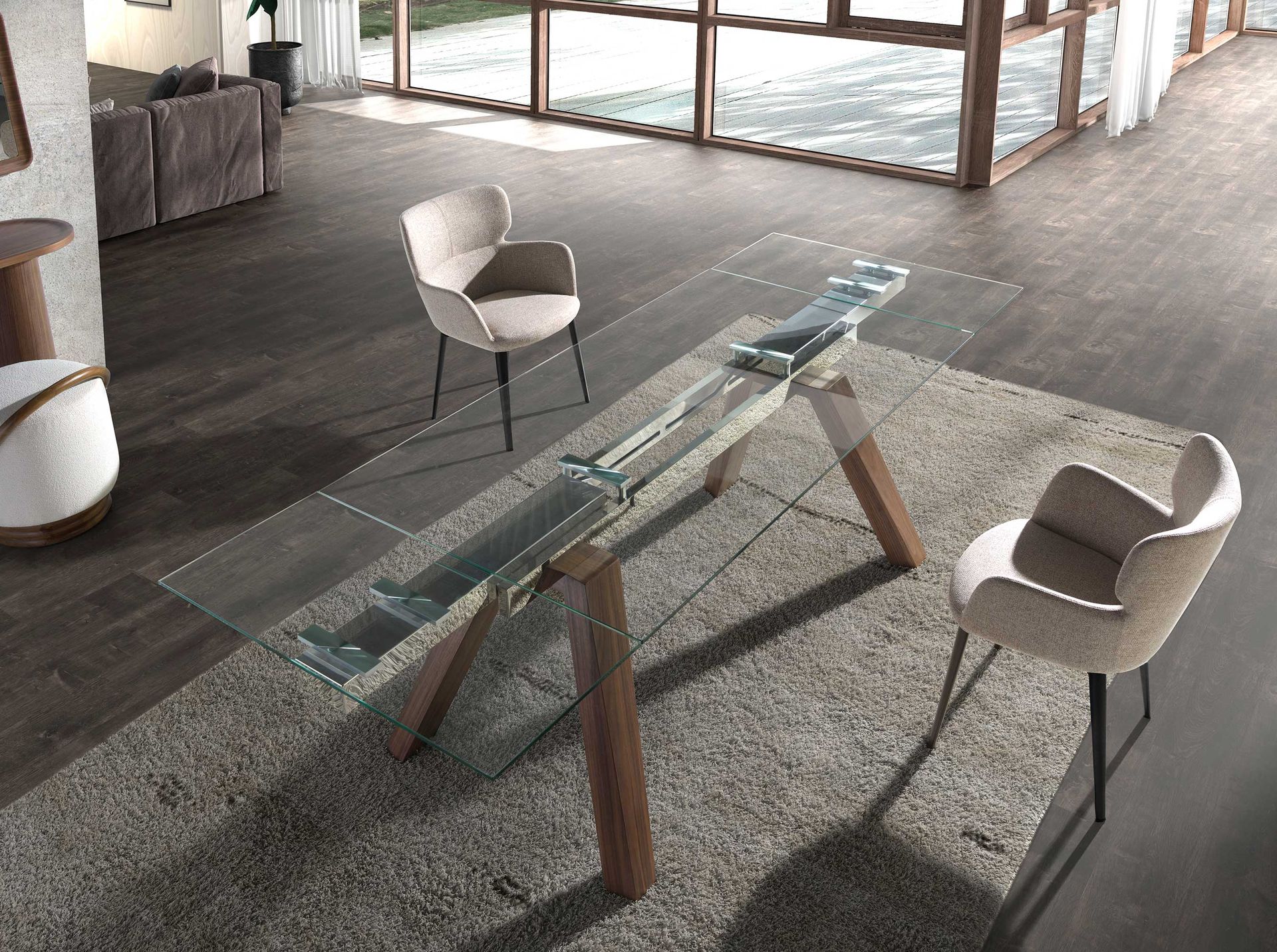 Rectangular tempered glass and walnut extending dining table