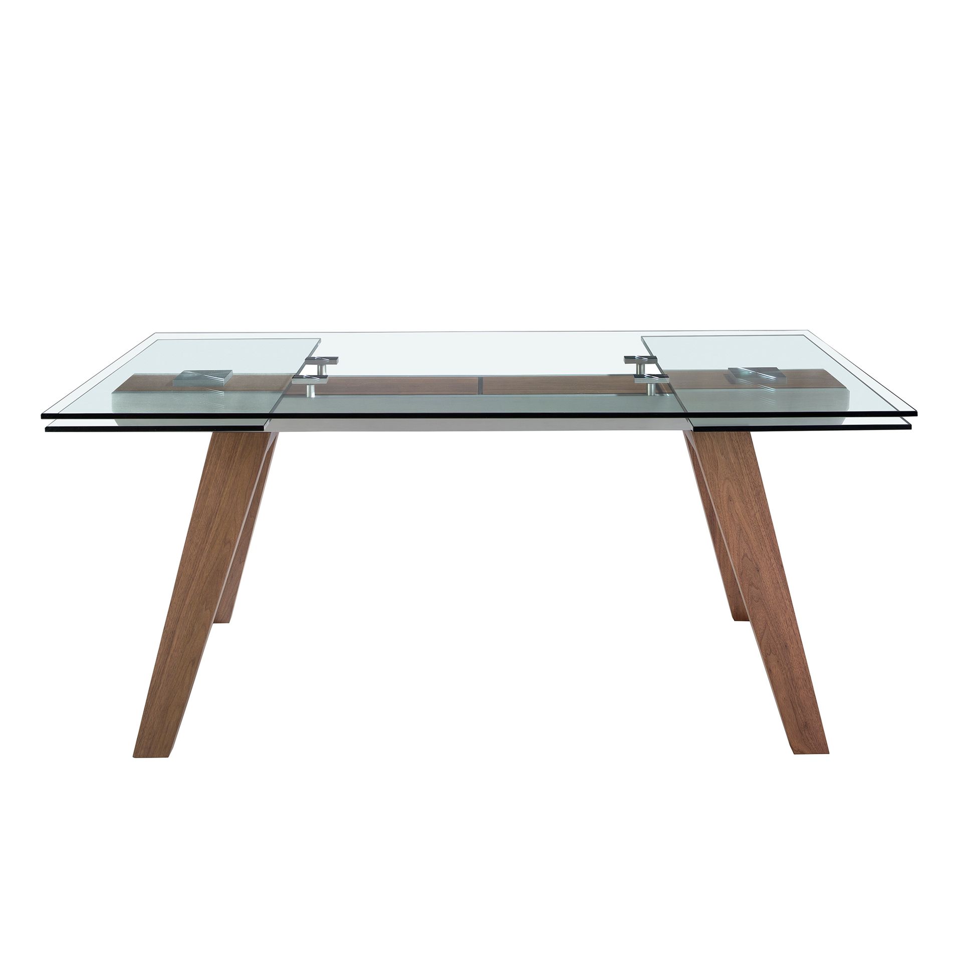 Rectangular tempered glass and walnut extending dining table