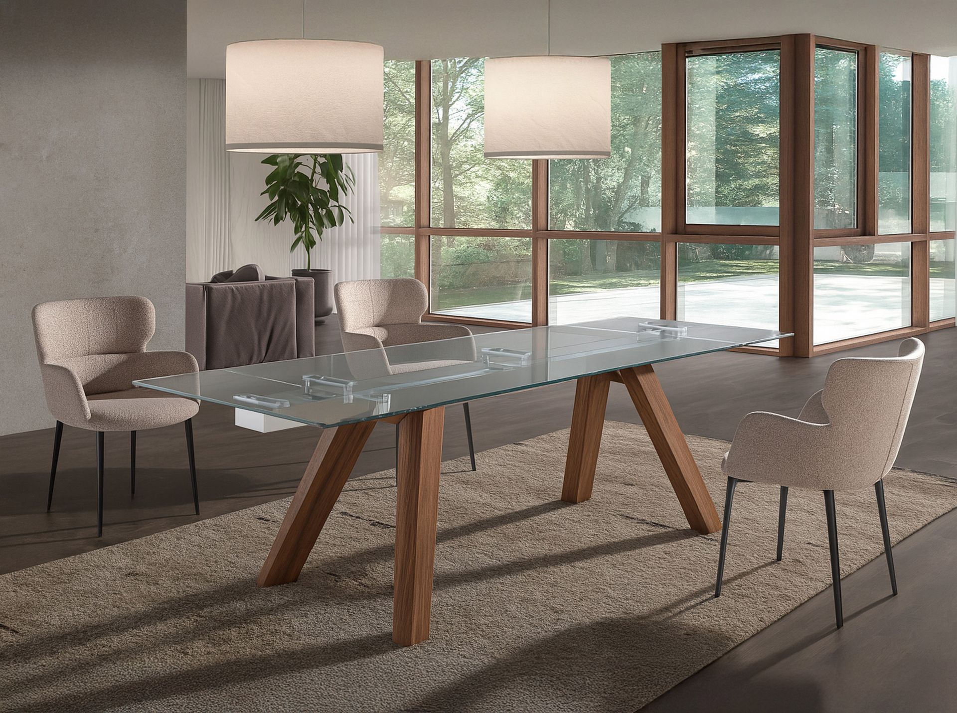 Rectangular tempered glass and walnut extending dining table