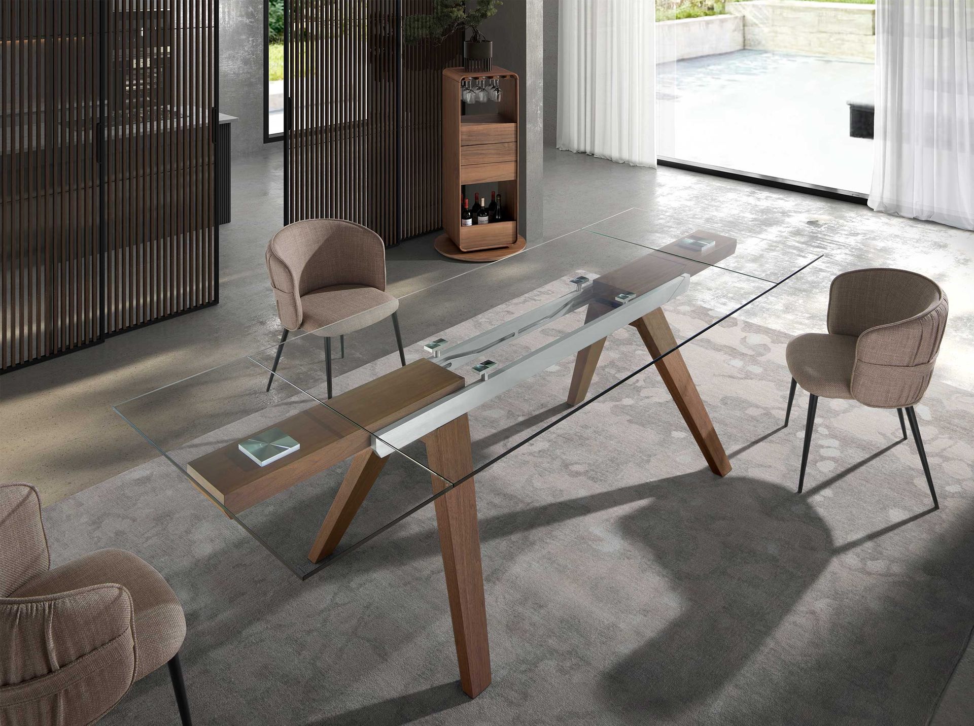 Rectangular tempered glass and walnut extending dining table