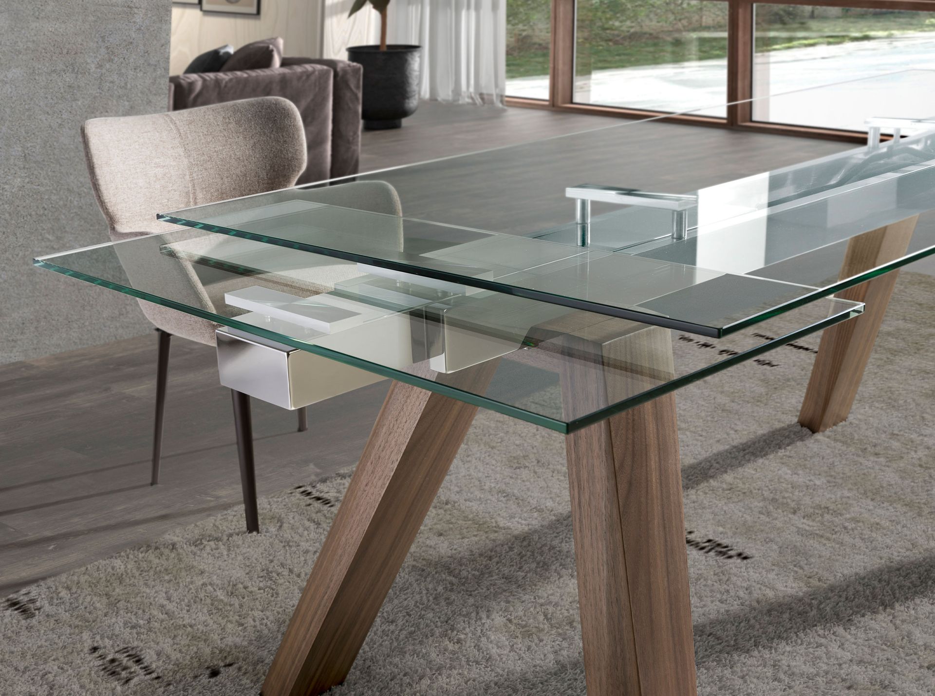 Rectangular tempered glass and walnut extending dining table