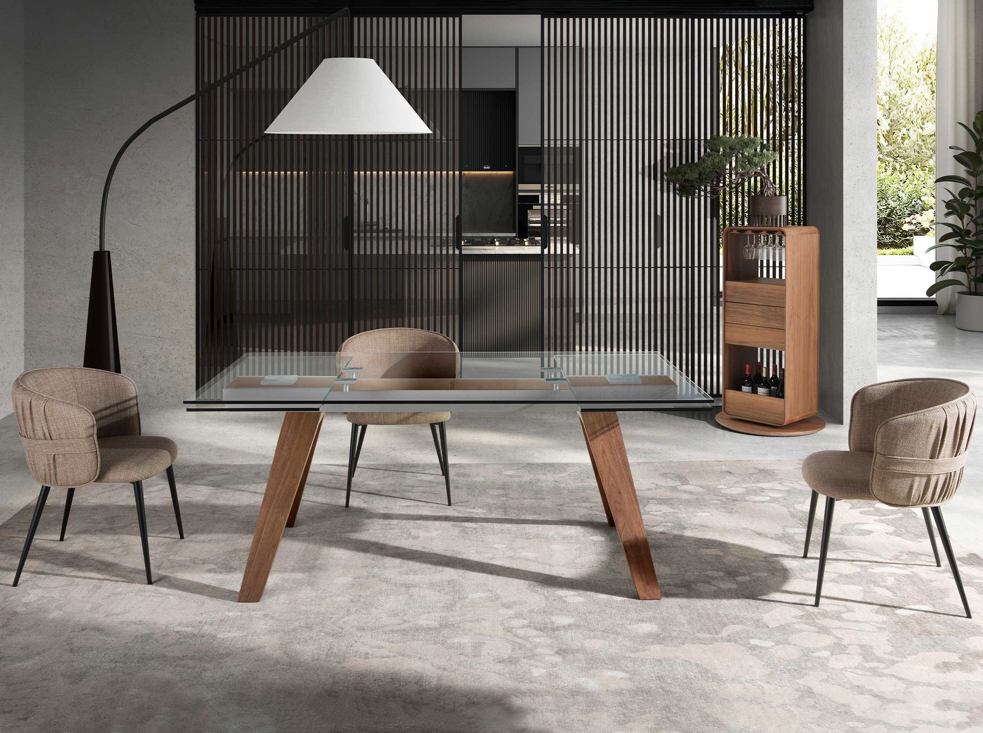Rectangular tempered glass and walnut extending dining table