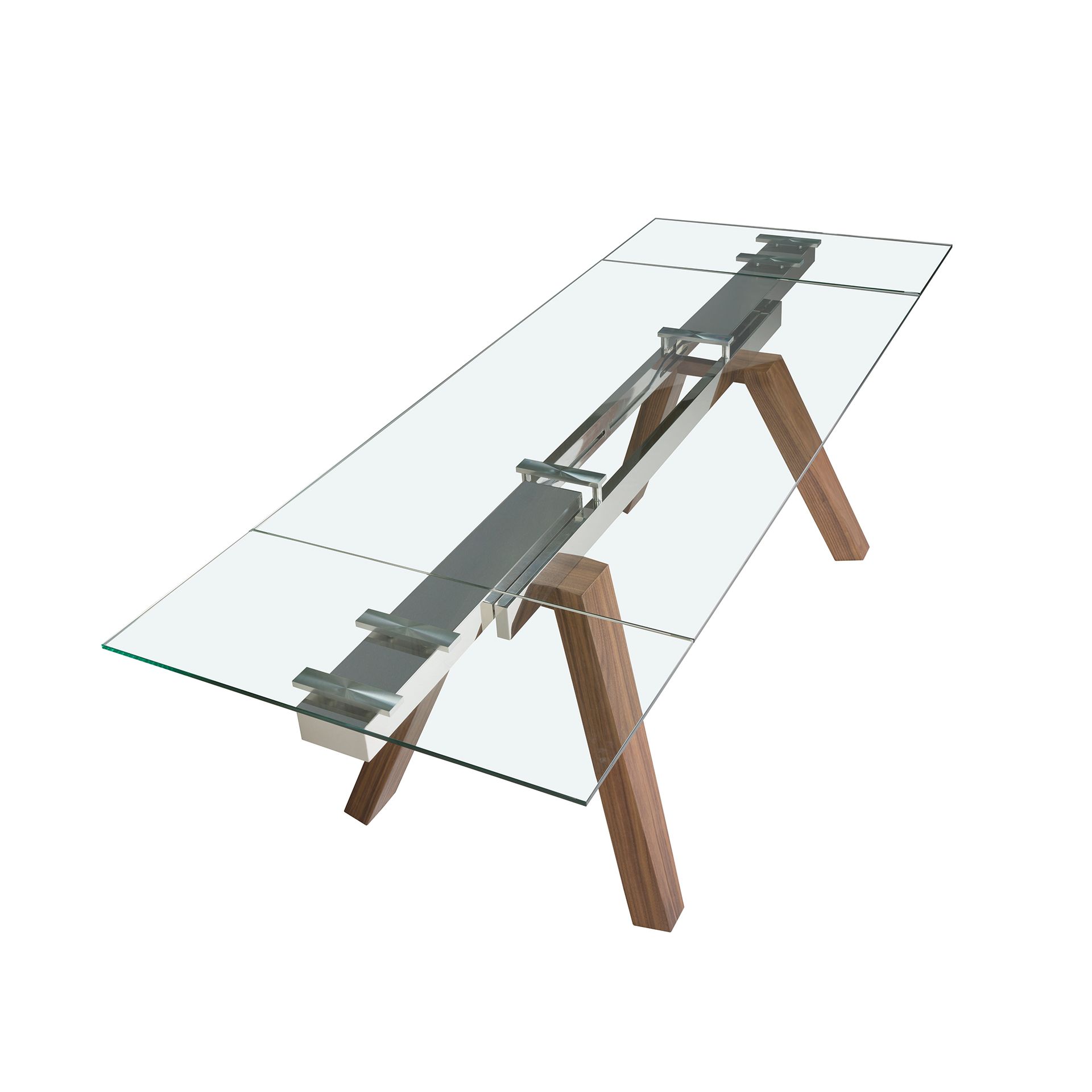 Rectangular tempered glass and walnut extending dining table