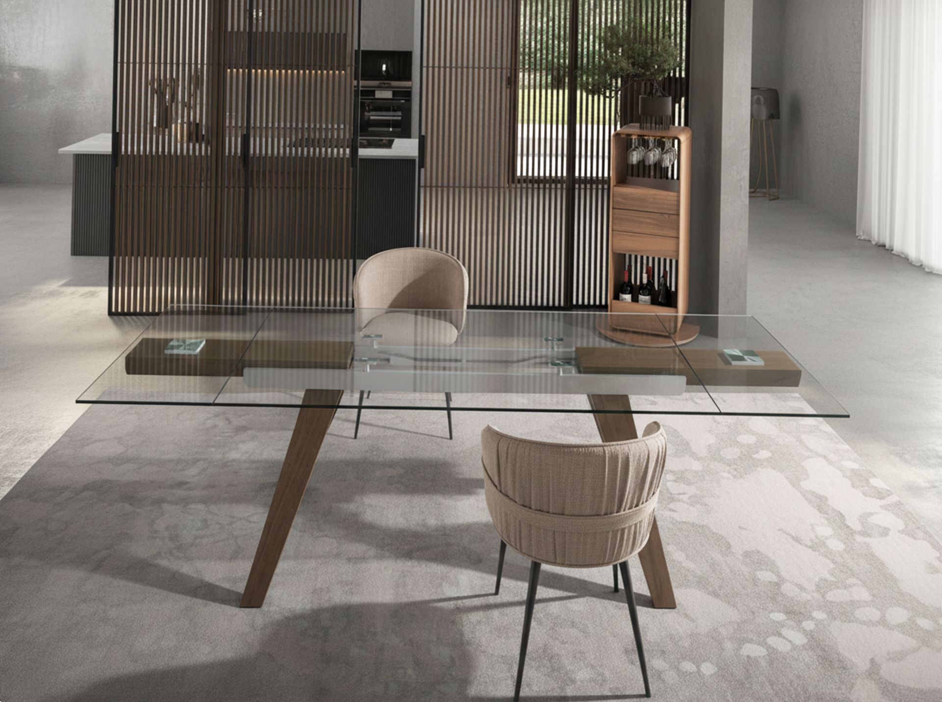 Rectangular tempered glass and walnut extending dining table