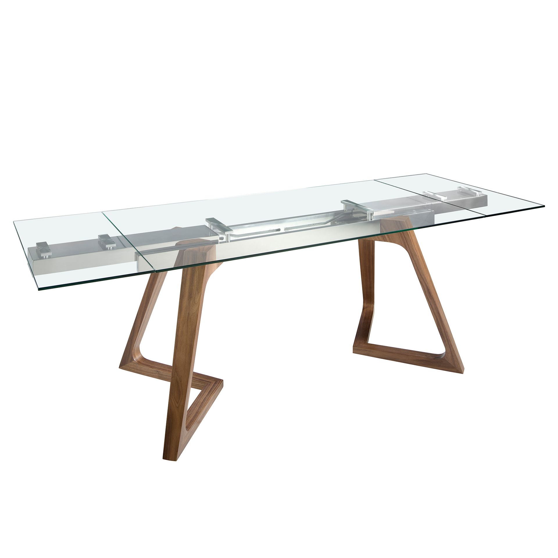 Rectangular tempered glass and walnut extending dining table