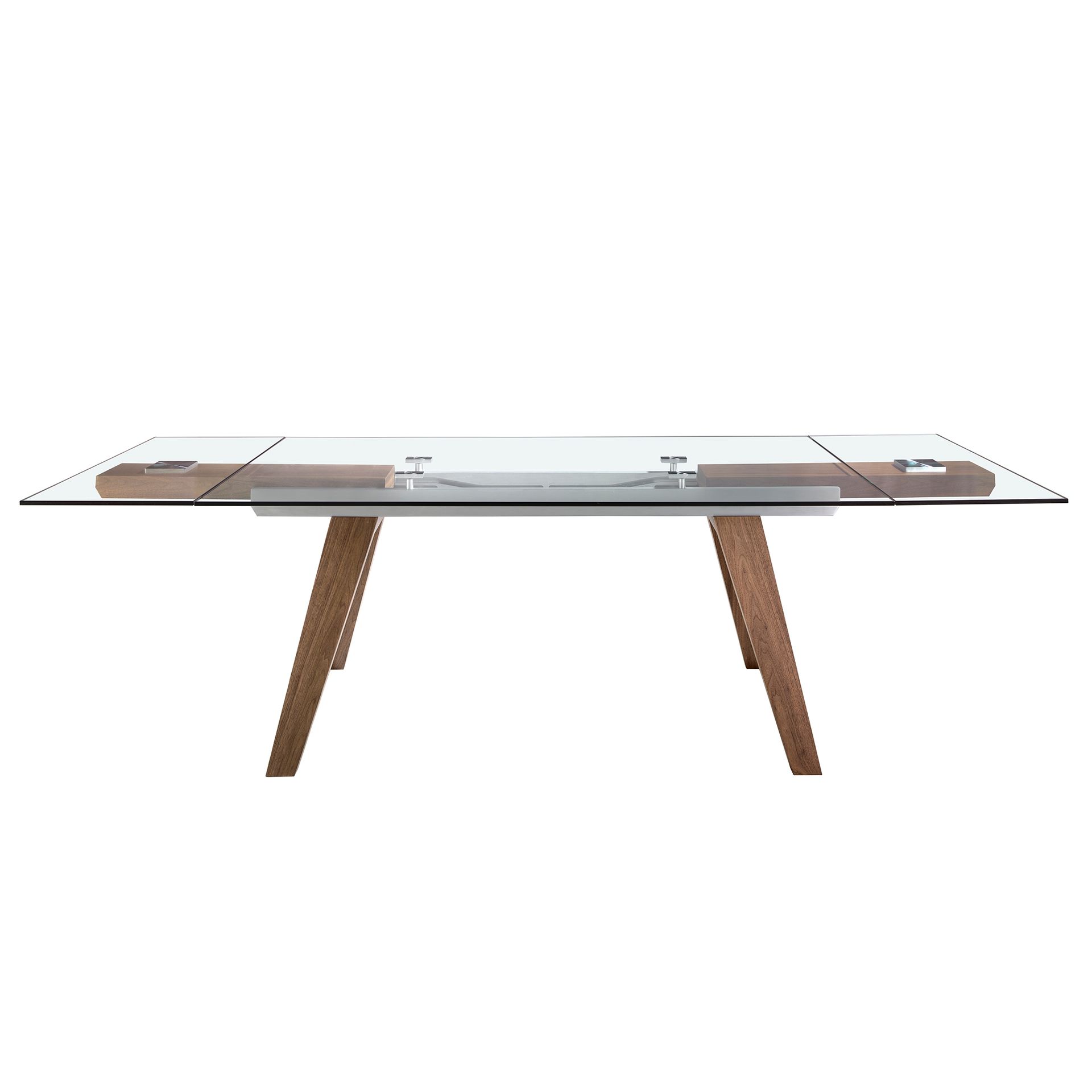 Rectangular tempered glass and walnut extending dining table
