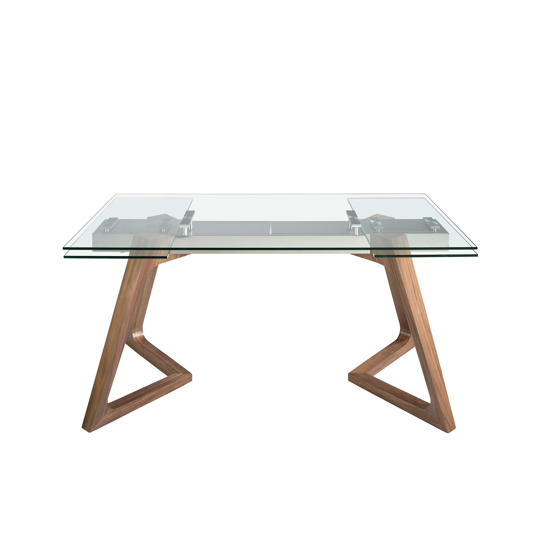 Rectangular tempered glass and walnut extending dining table