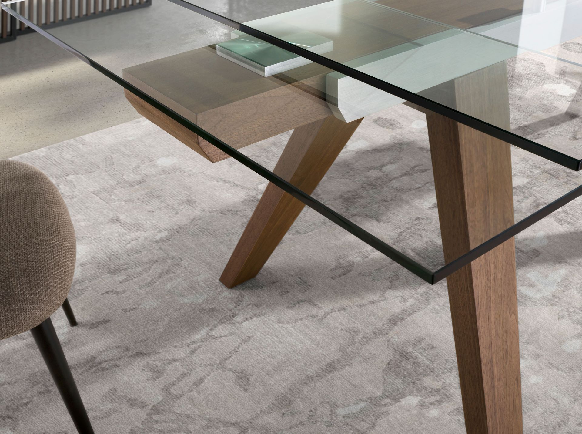 Rectangular tempered glass and walnut extending dining table