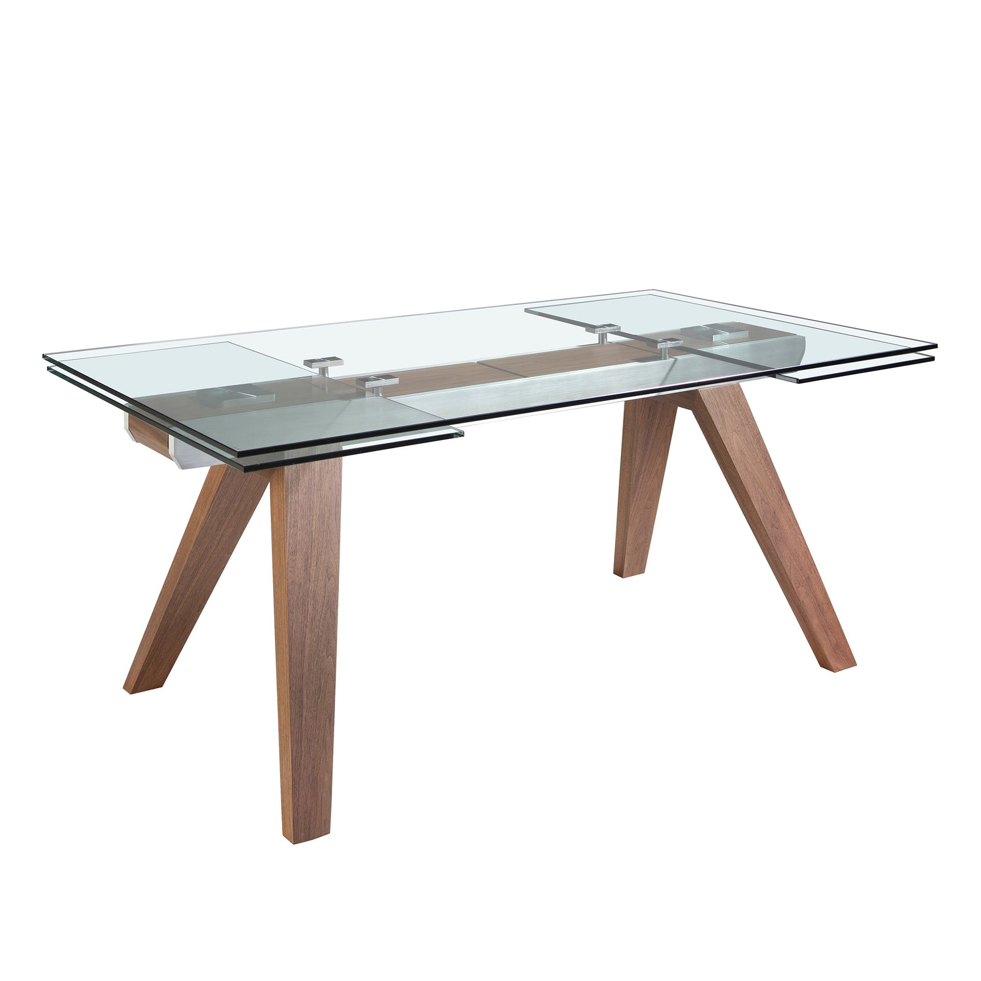 Rectangular tempered glass and walnut extending dining table