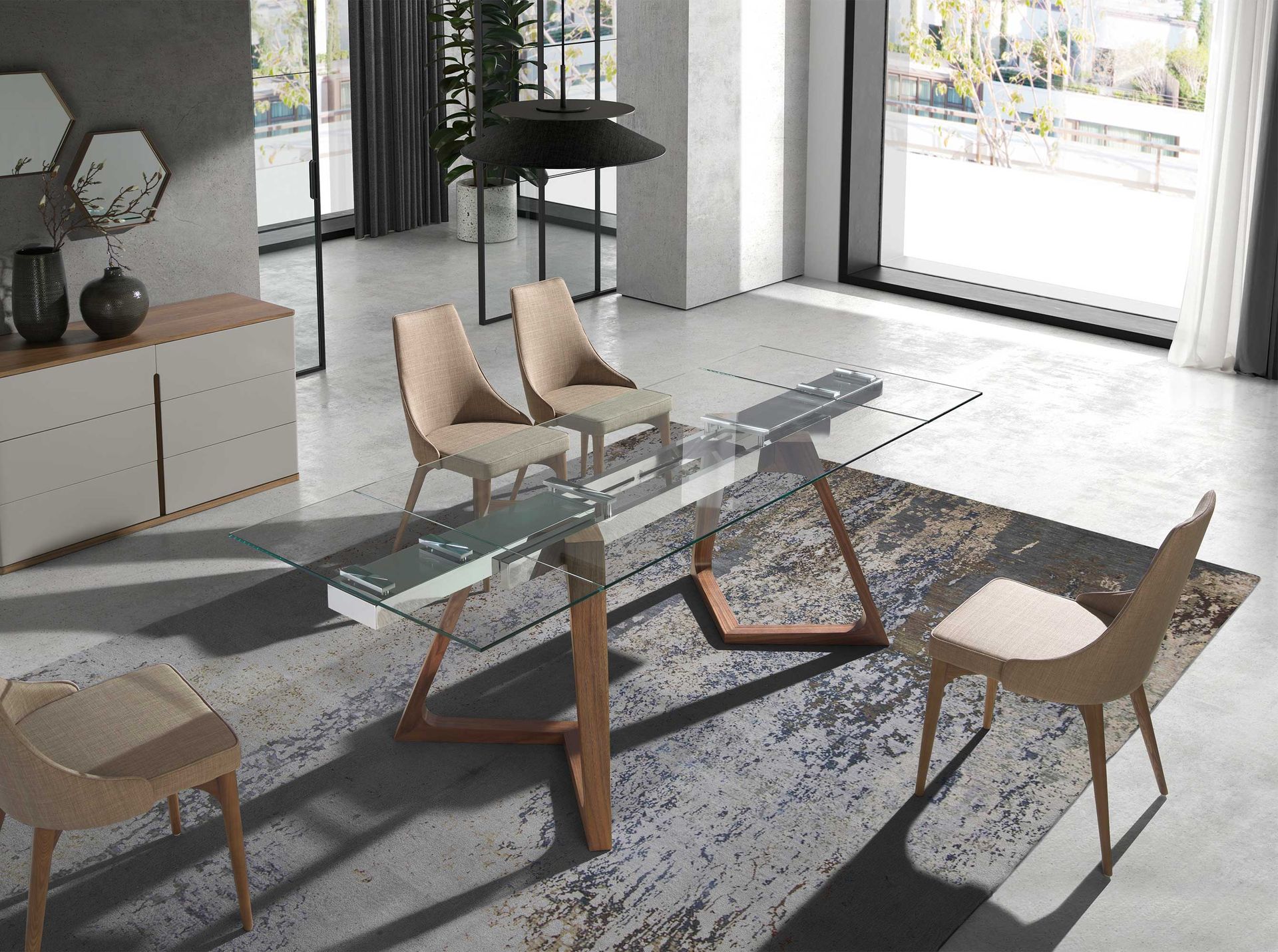 Rectangular tempered glass and walnut extending dining table