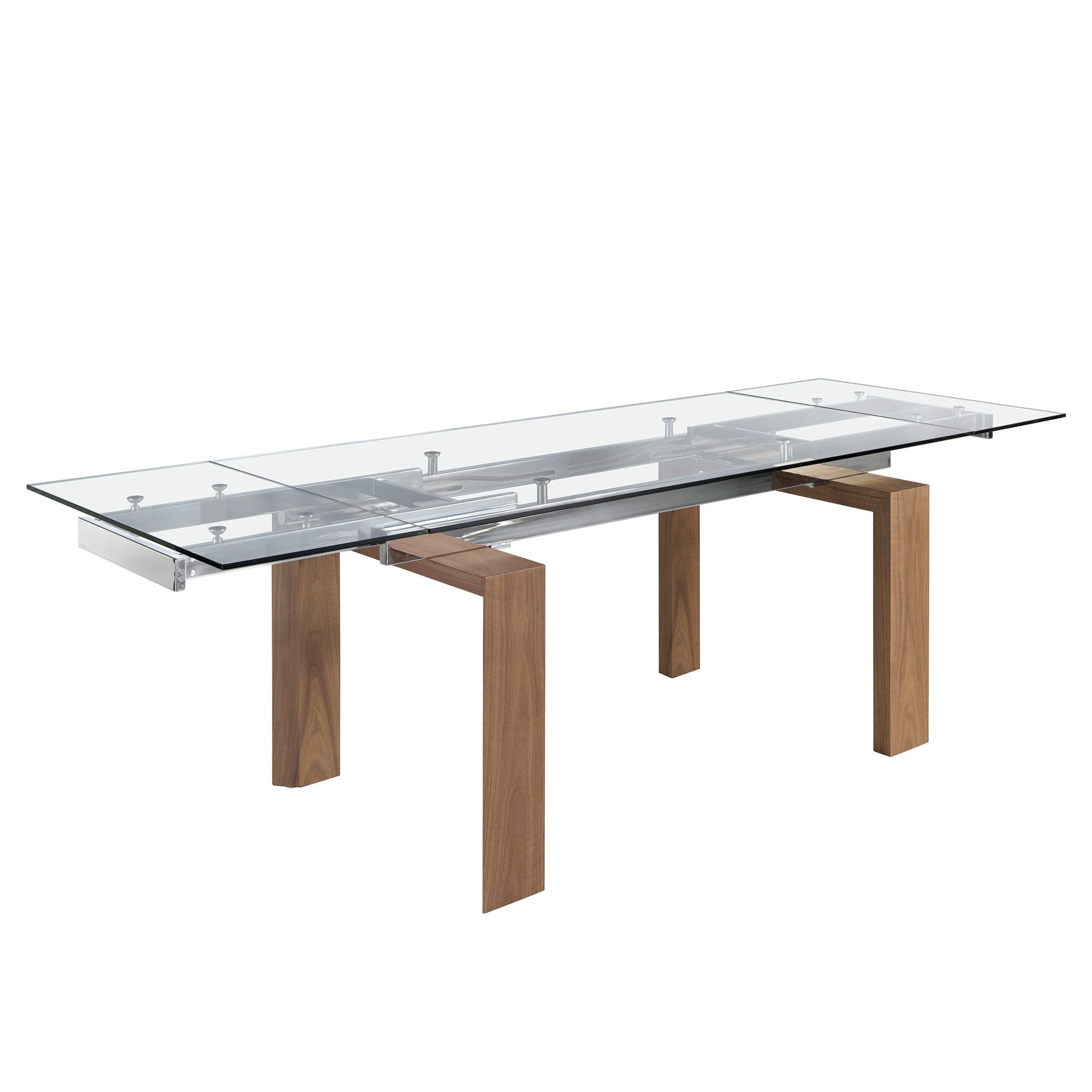Rectangular tempered glass and walnut extending dining table