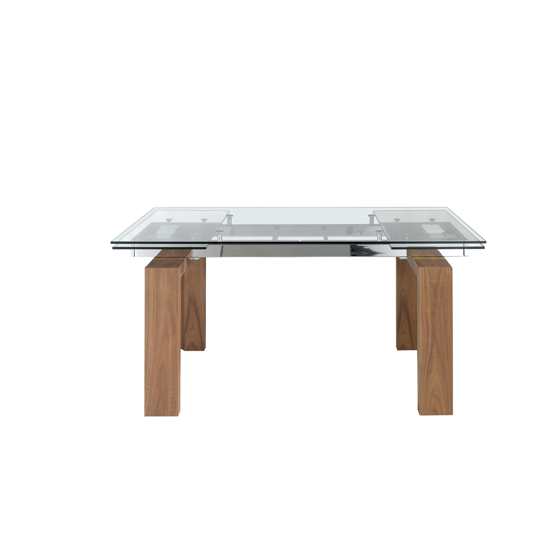 Rectangular tempered glass and walnut extending dining table