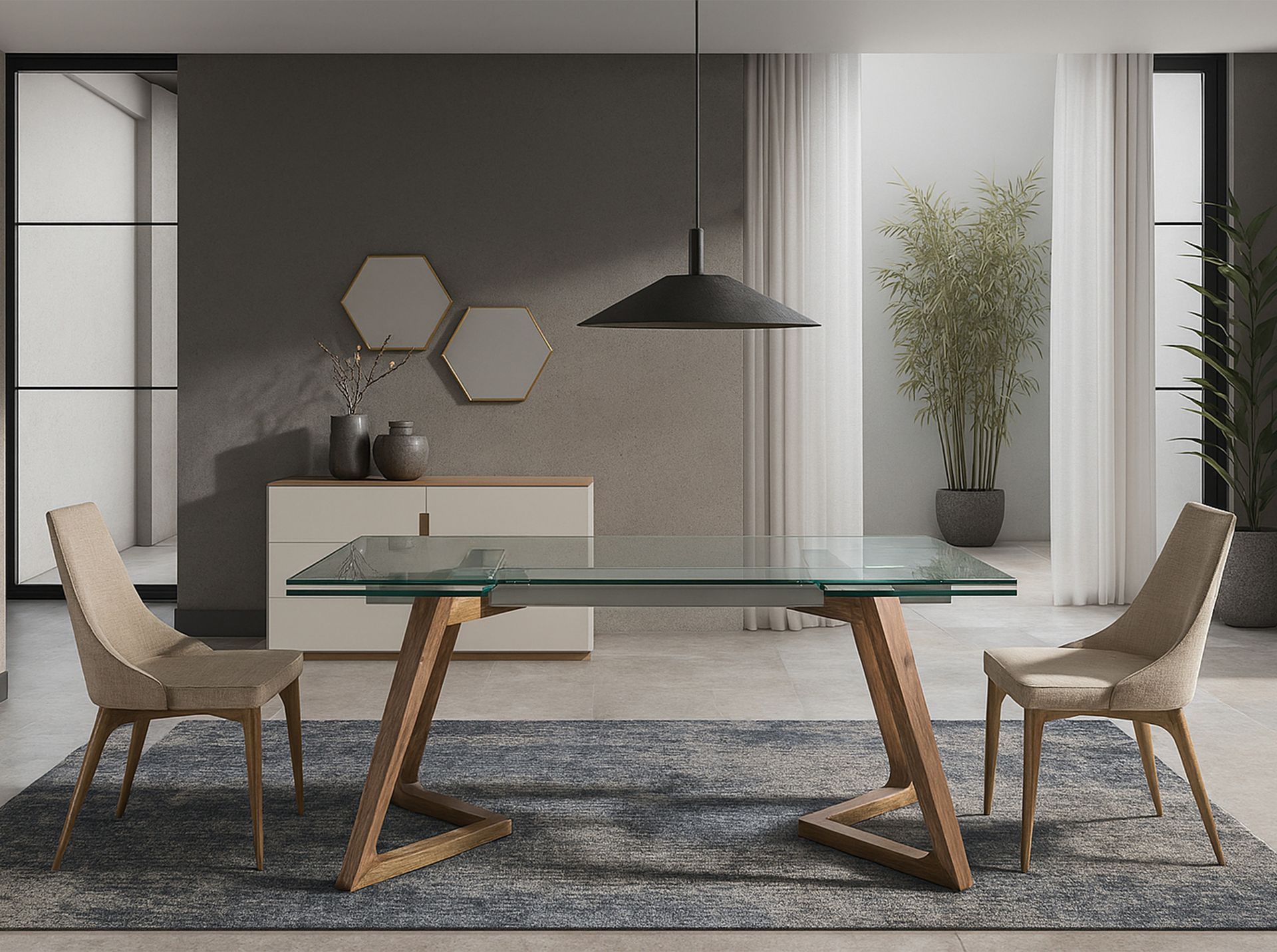 Rectangular tempered glass and walnut extending dining table