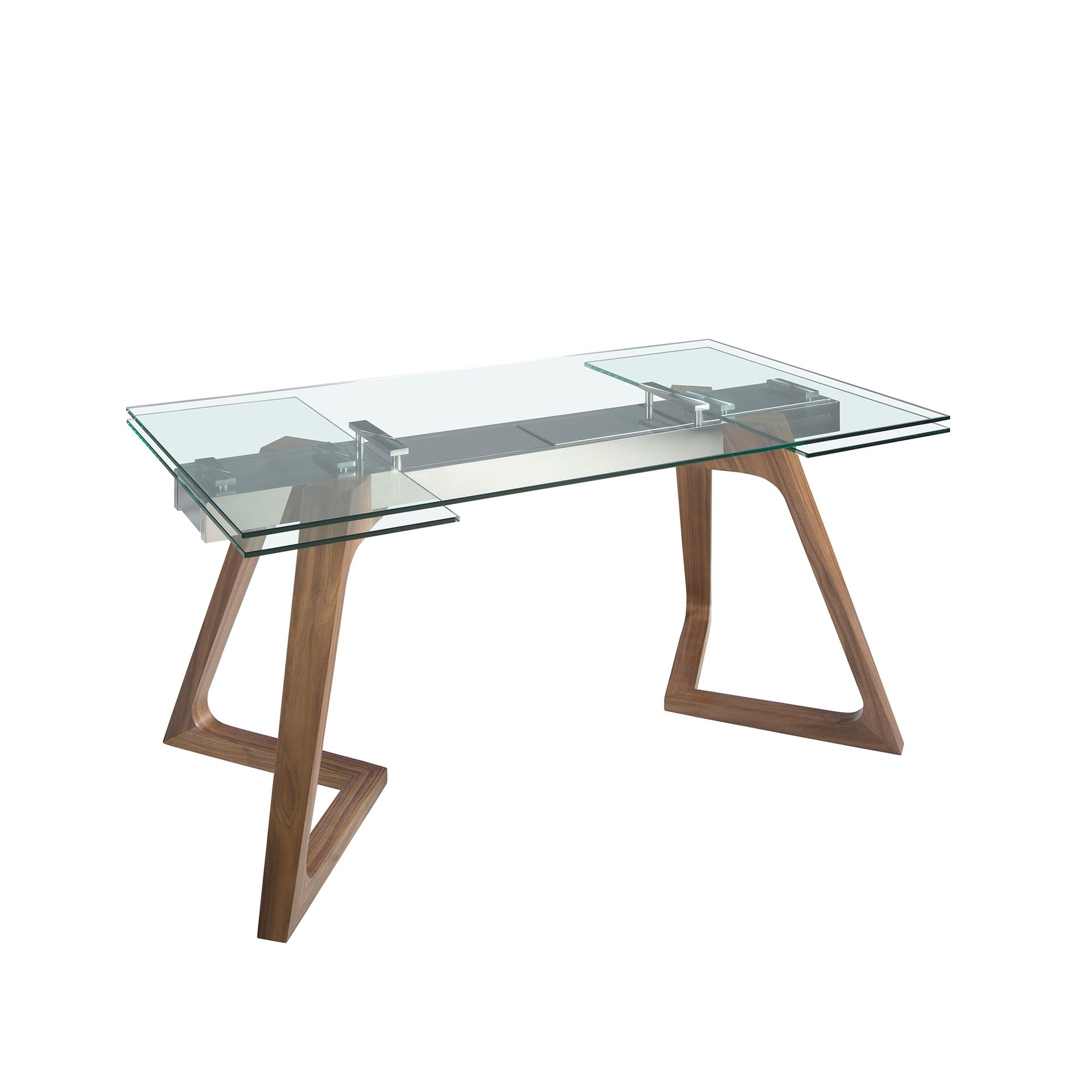 Rectangular tempered glass and walnut extending dining table
