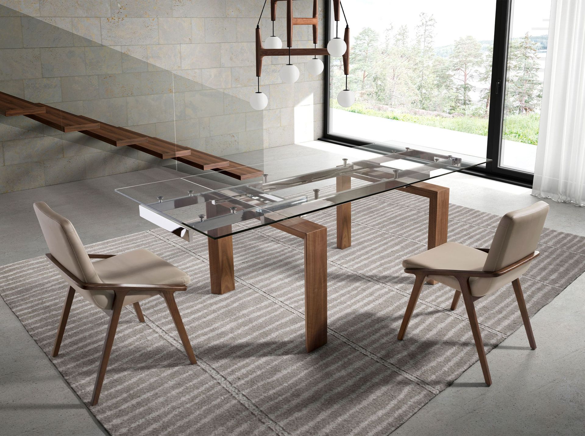 Rectangular tempered glass and walnut extending dining table