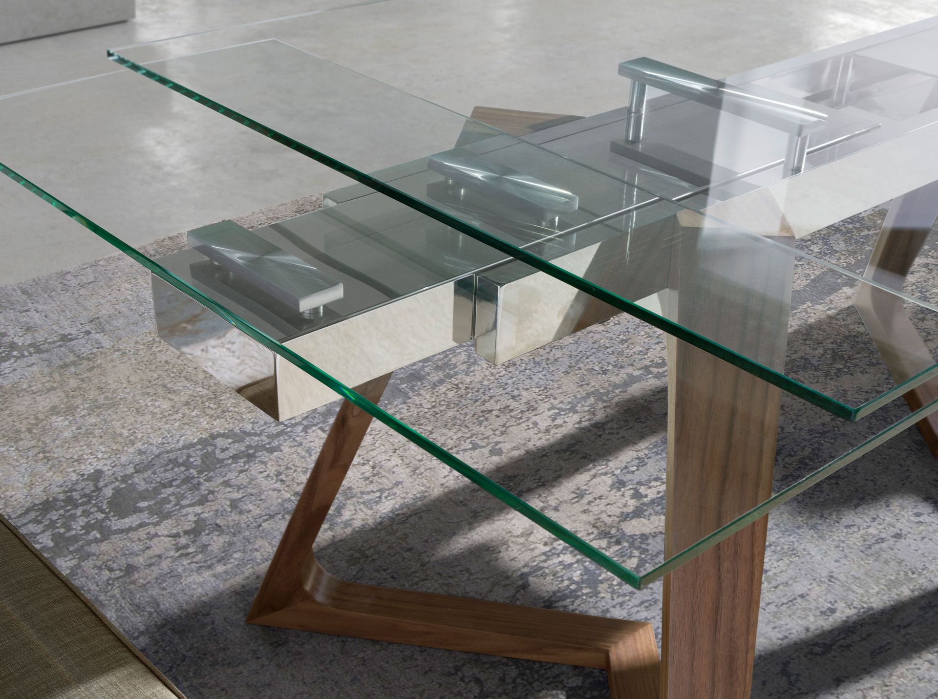 Rectangular tempered glass and walnut extending dining table