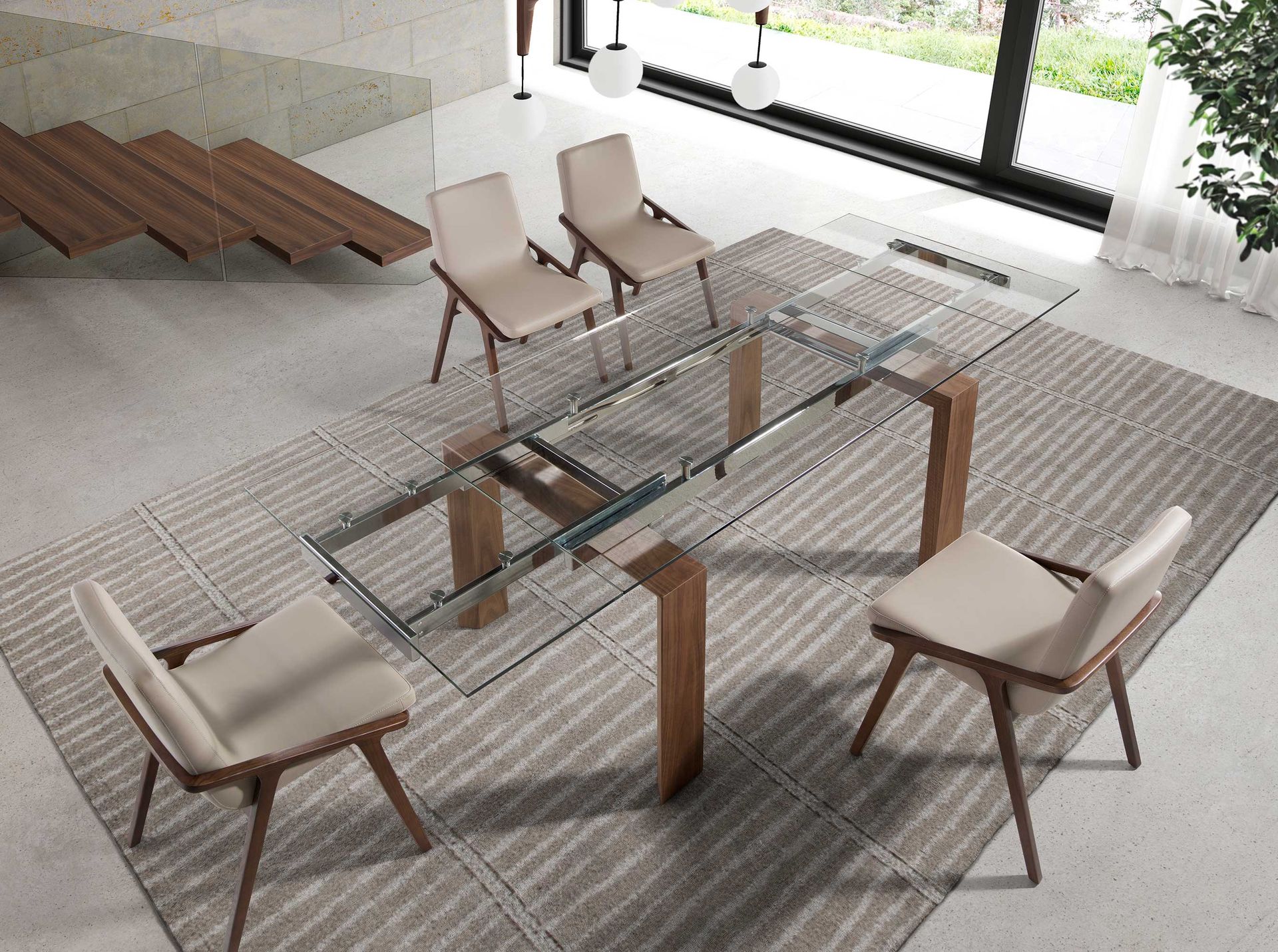 Rectangular tempered glass and walnut extending dining table
