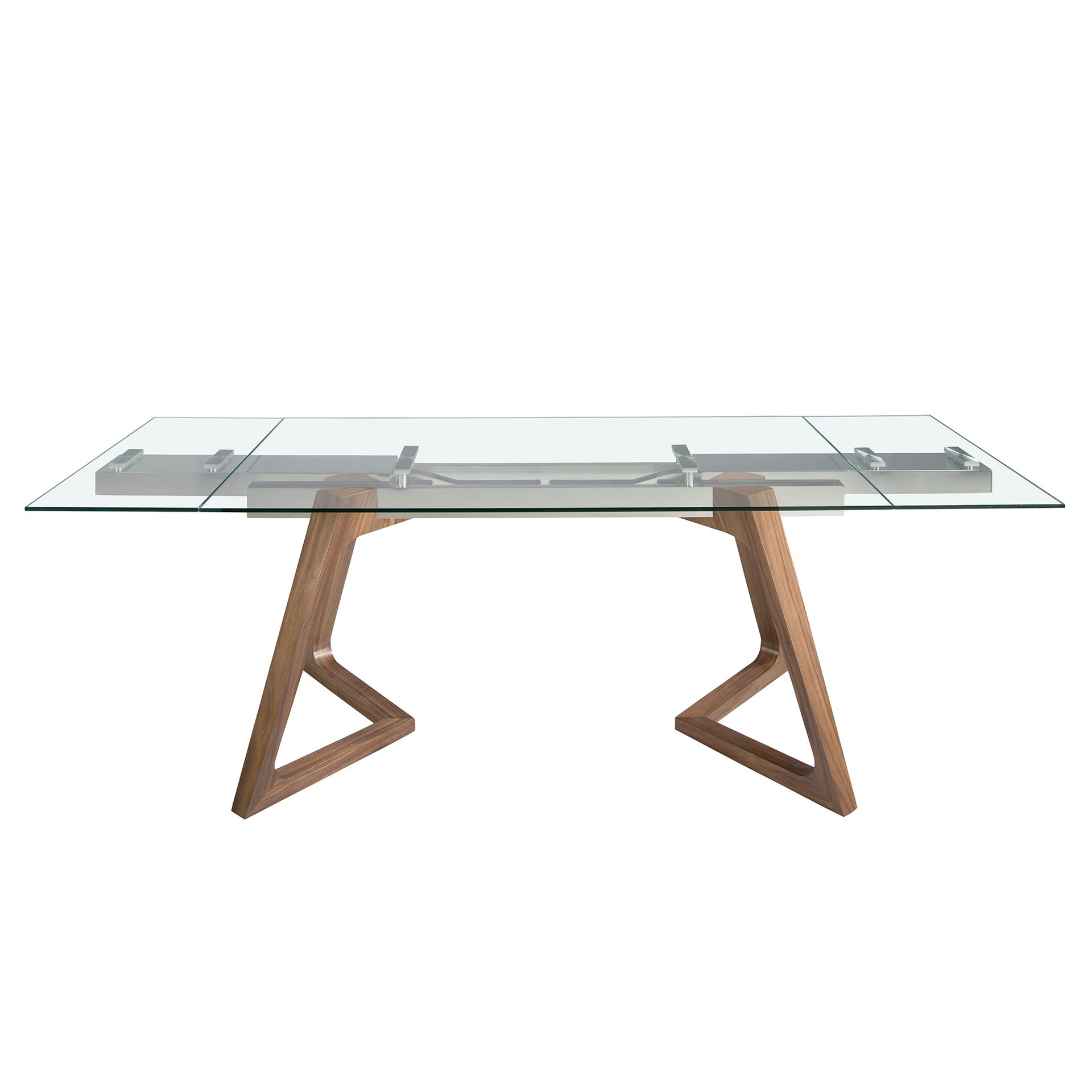 Rectangular tempered glass and walnut extending dining table