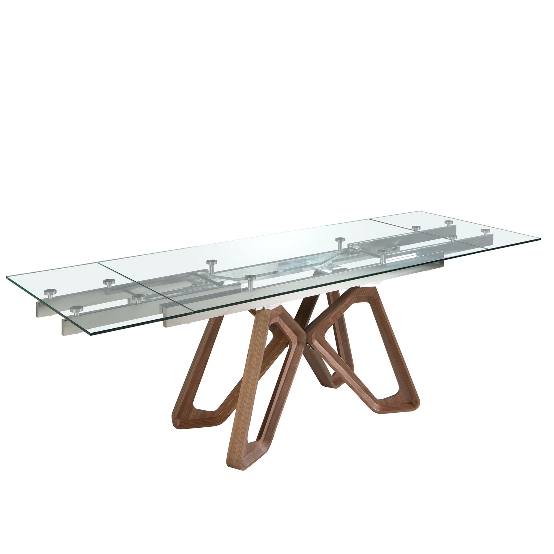 Rectangular tempered glass and walnut extending dining table