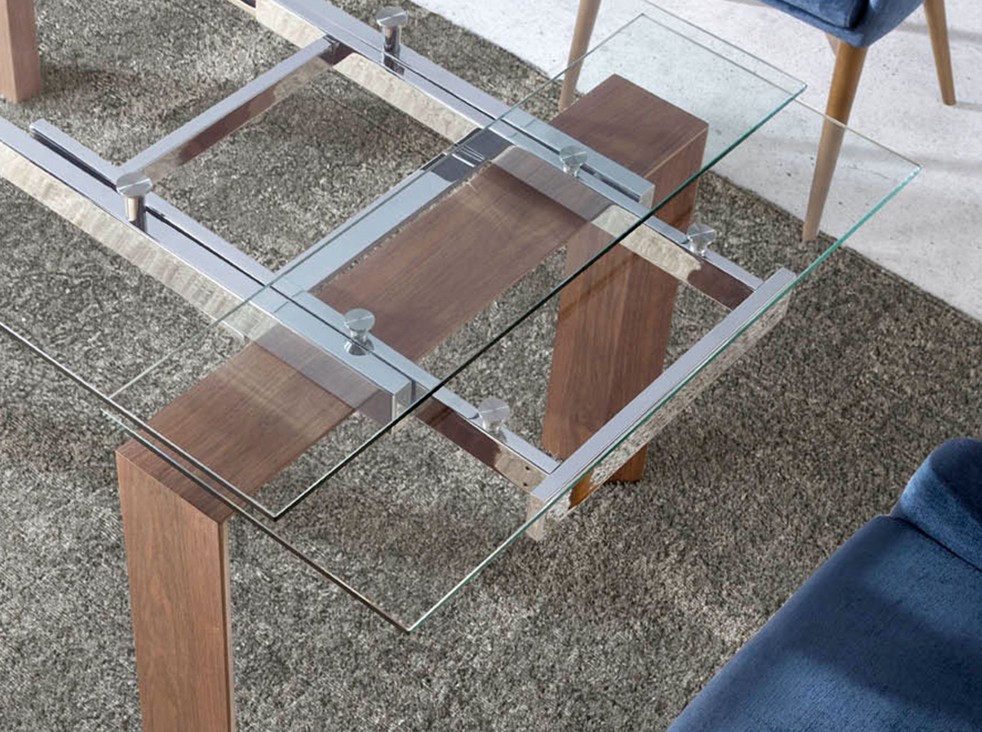 Rectangular tempered glass and walnut extending dining table