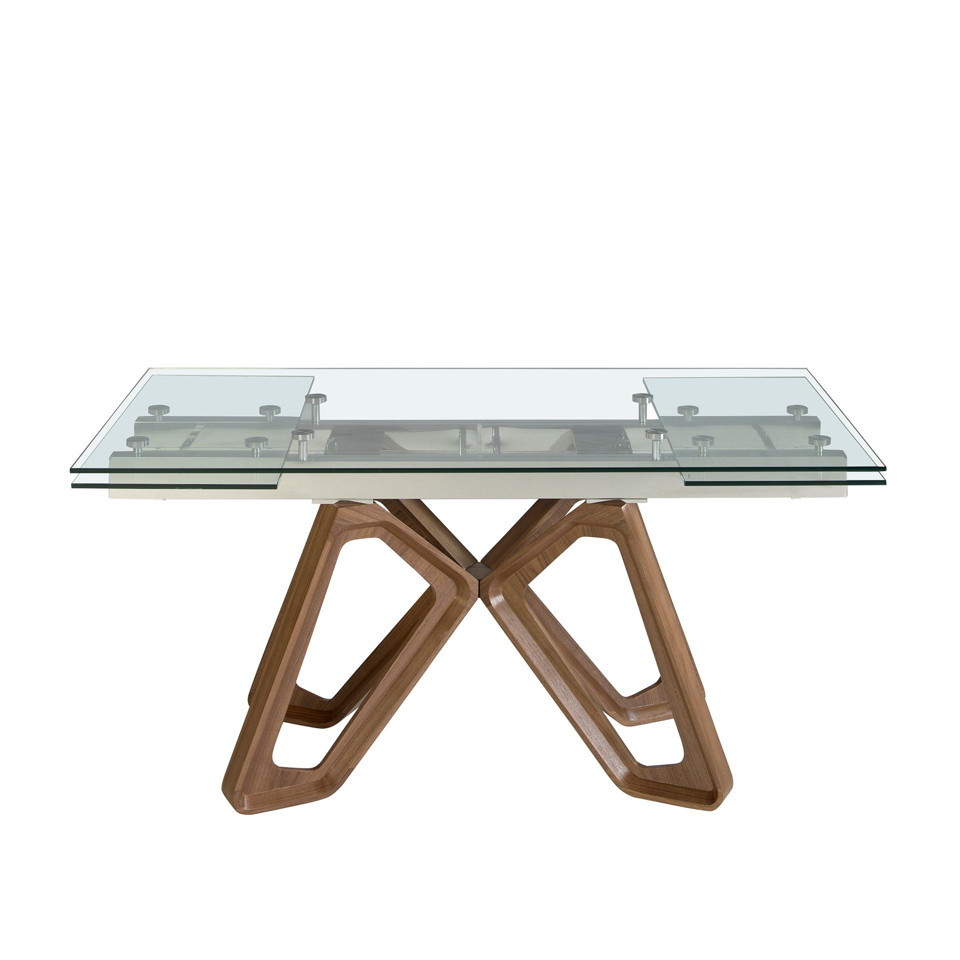 Rectangular tempered glass and walnut extending dining table