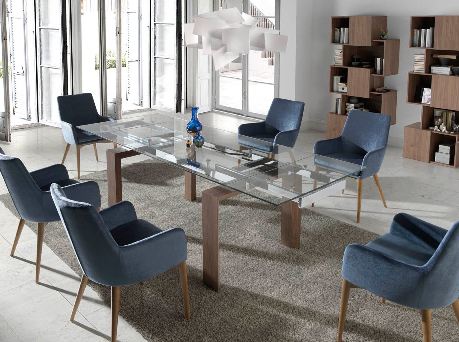 Rectangular tempered glass and walnut extending dining table