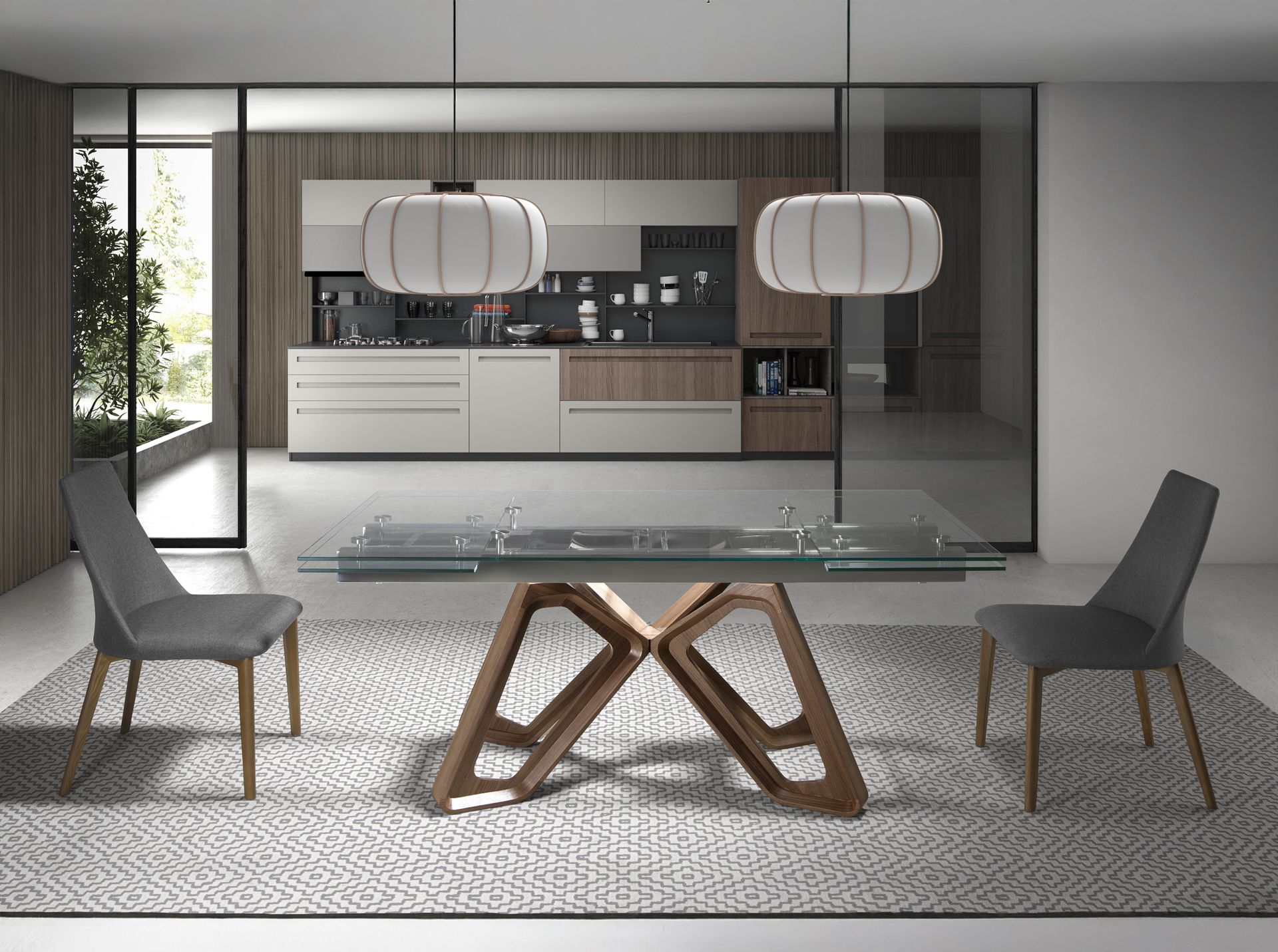 Rectangular tempered glass and walnut extending dining table