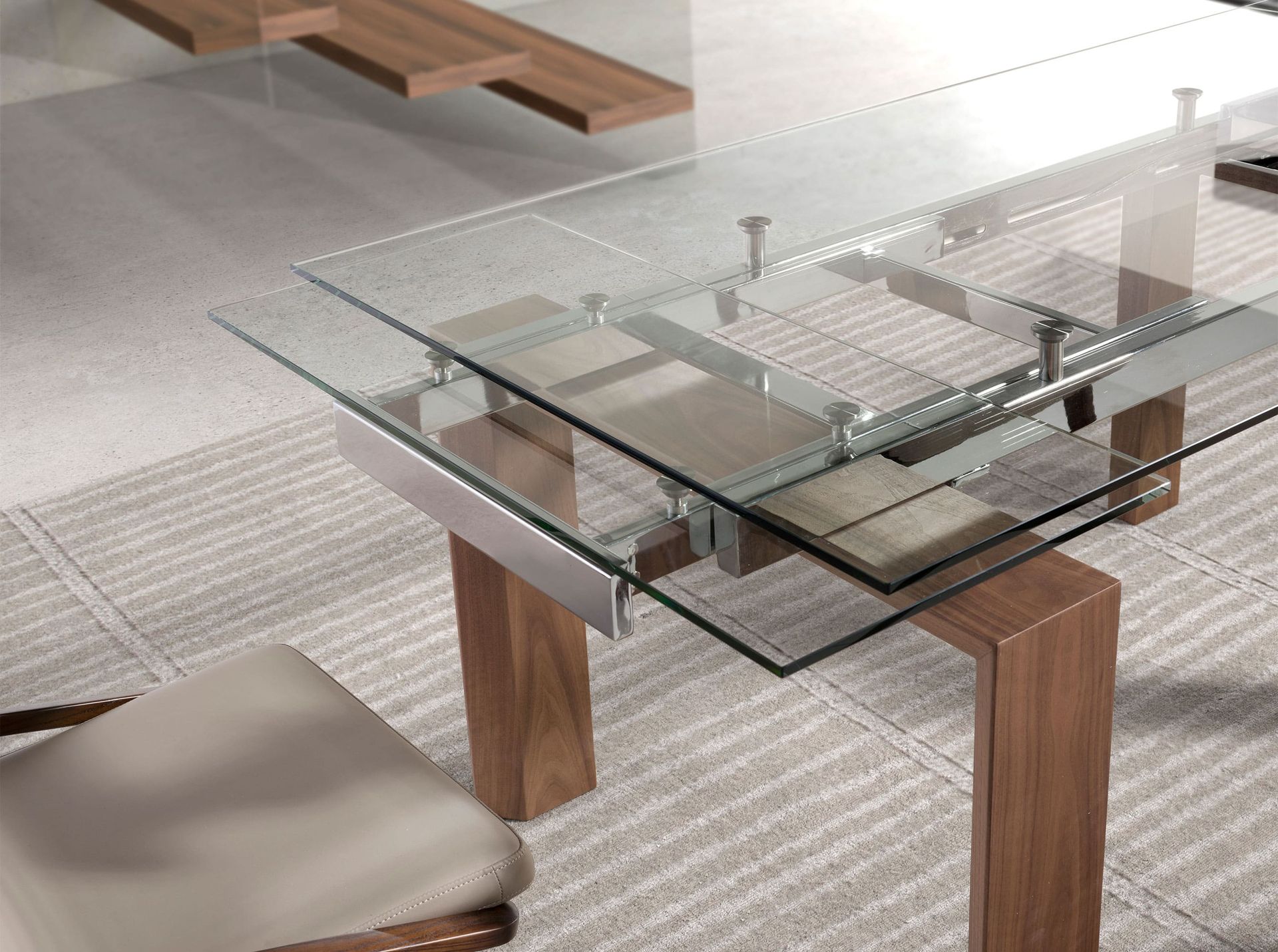 Rectangular tempered glass and walnut extending dining table