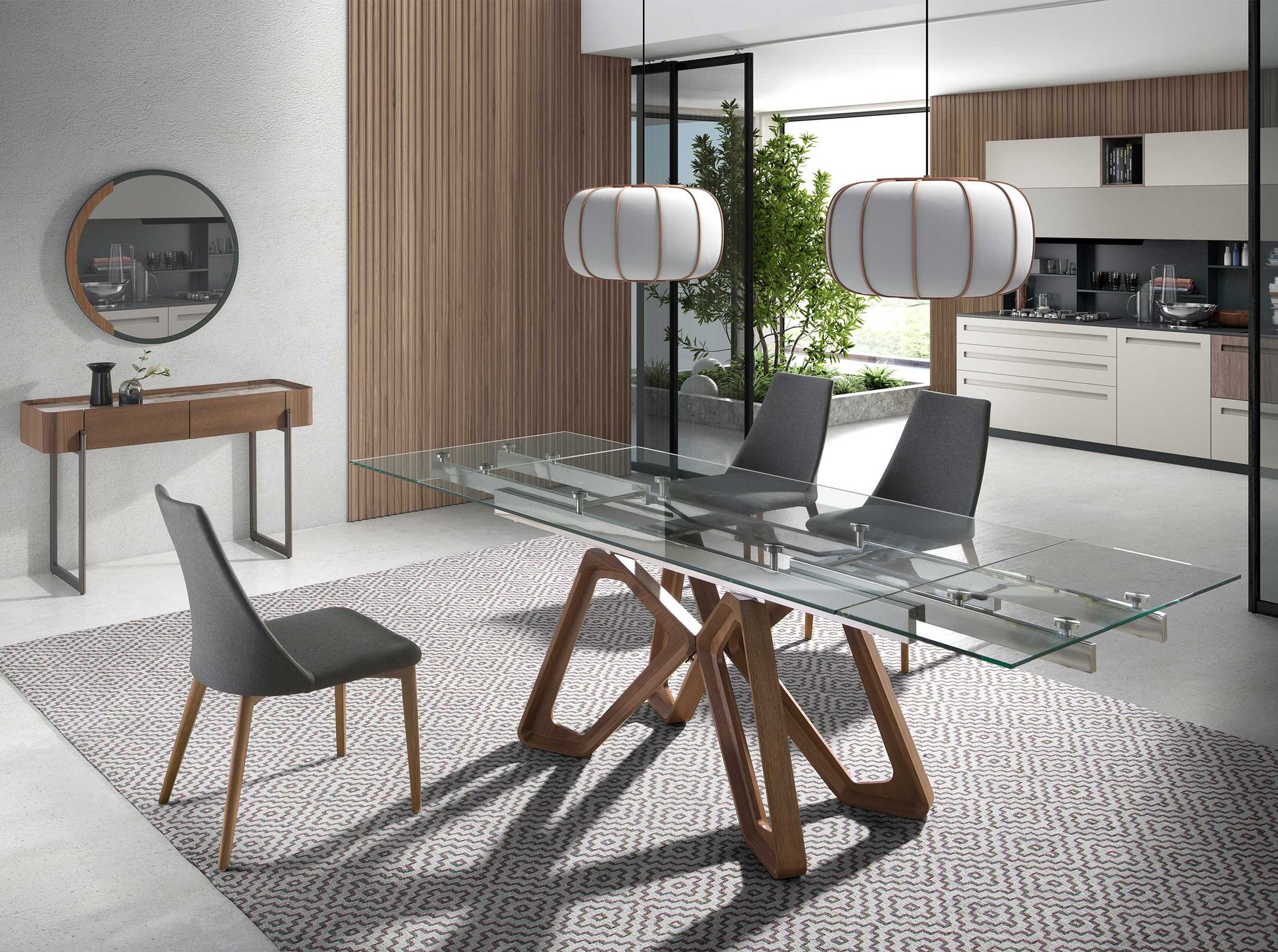 Rectangular tempered glass and walnut extending dining table