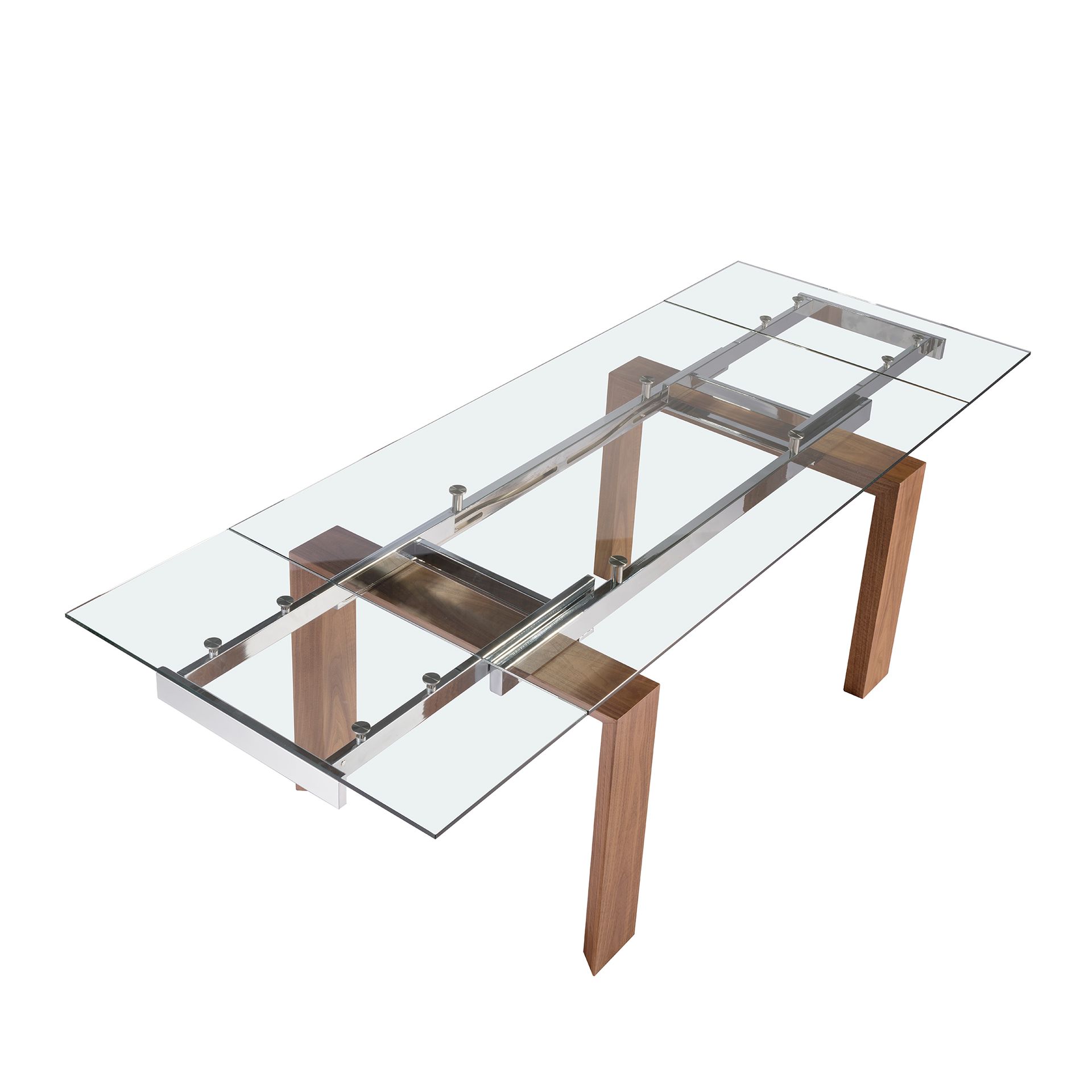 Rectangular tempered glass and walnut extending dining table
