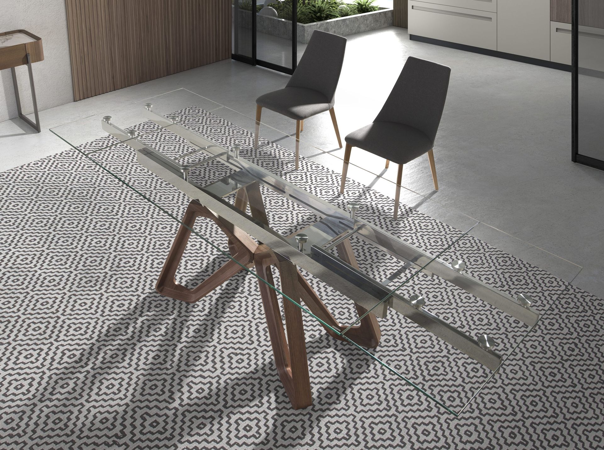 Rectangular tempered glass and walnut extending dining table