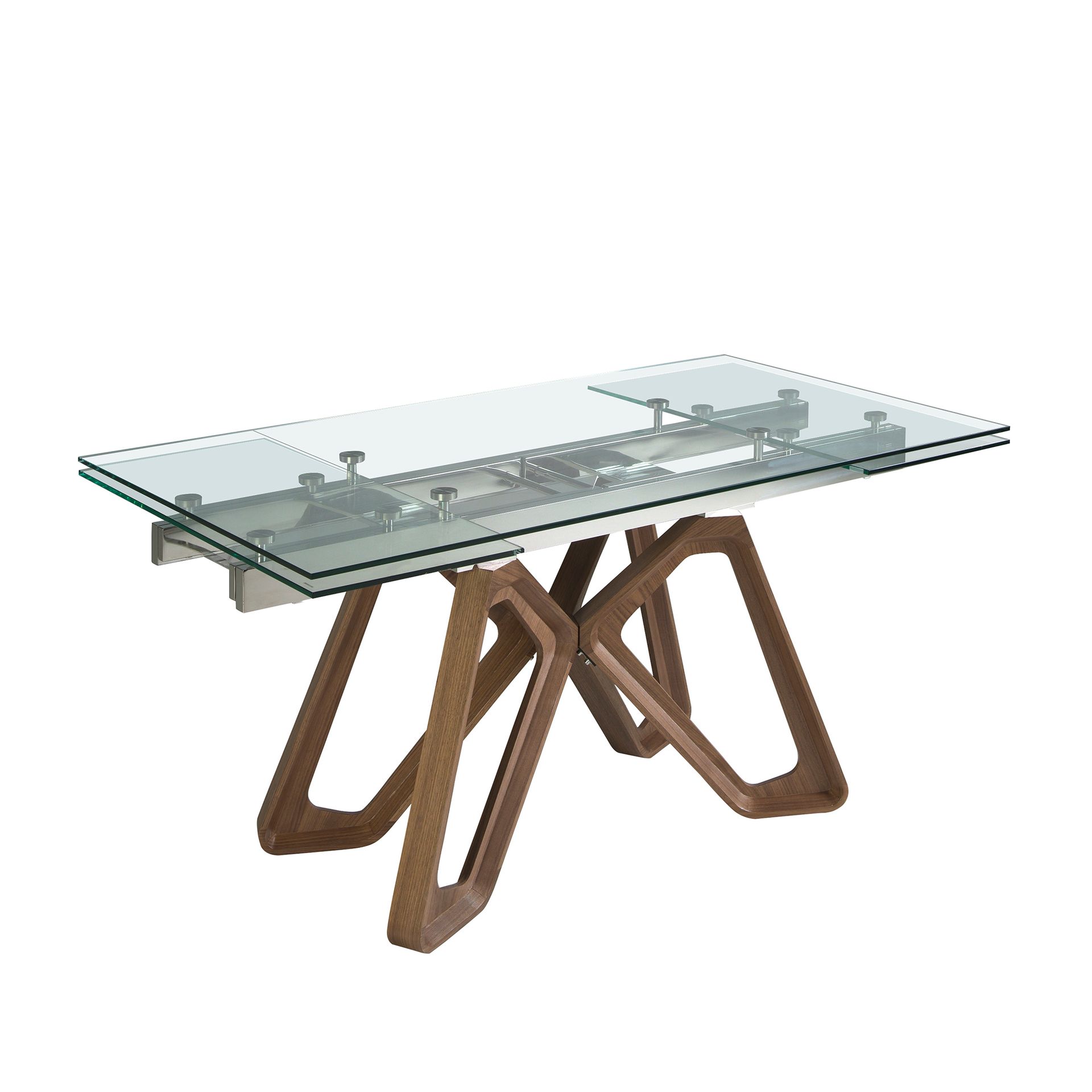 Rectangular tempered glass and walnut extending dining table
