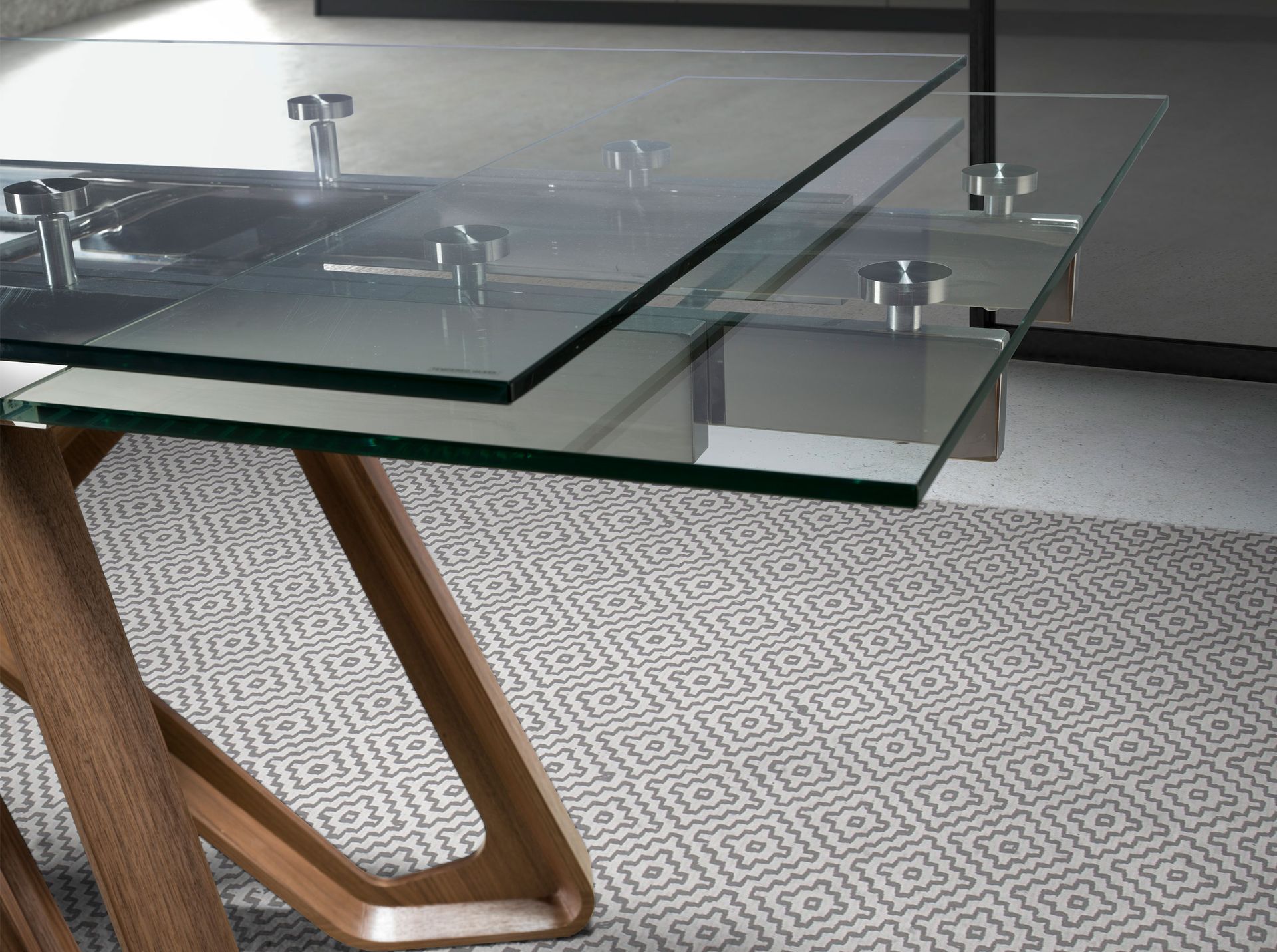 Rectangular tempered glass and walnut extending dining table