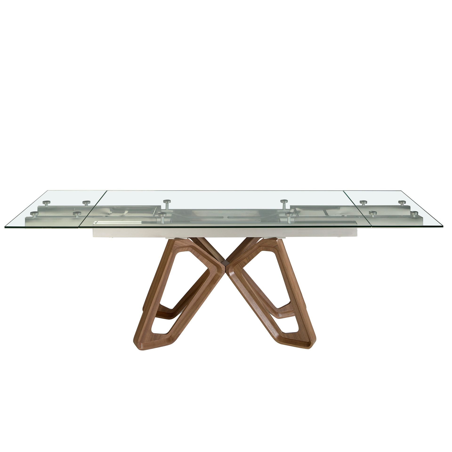 Rectangular tempered glass and walnut extending dining table