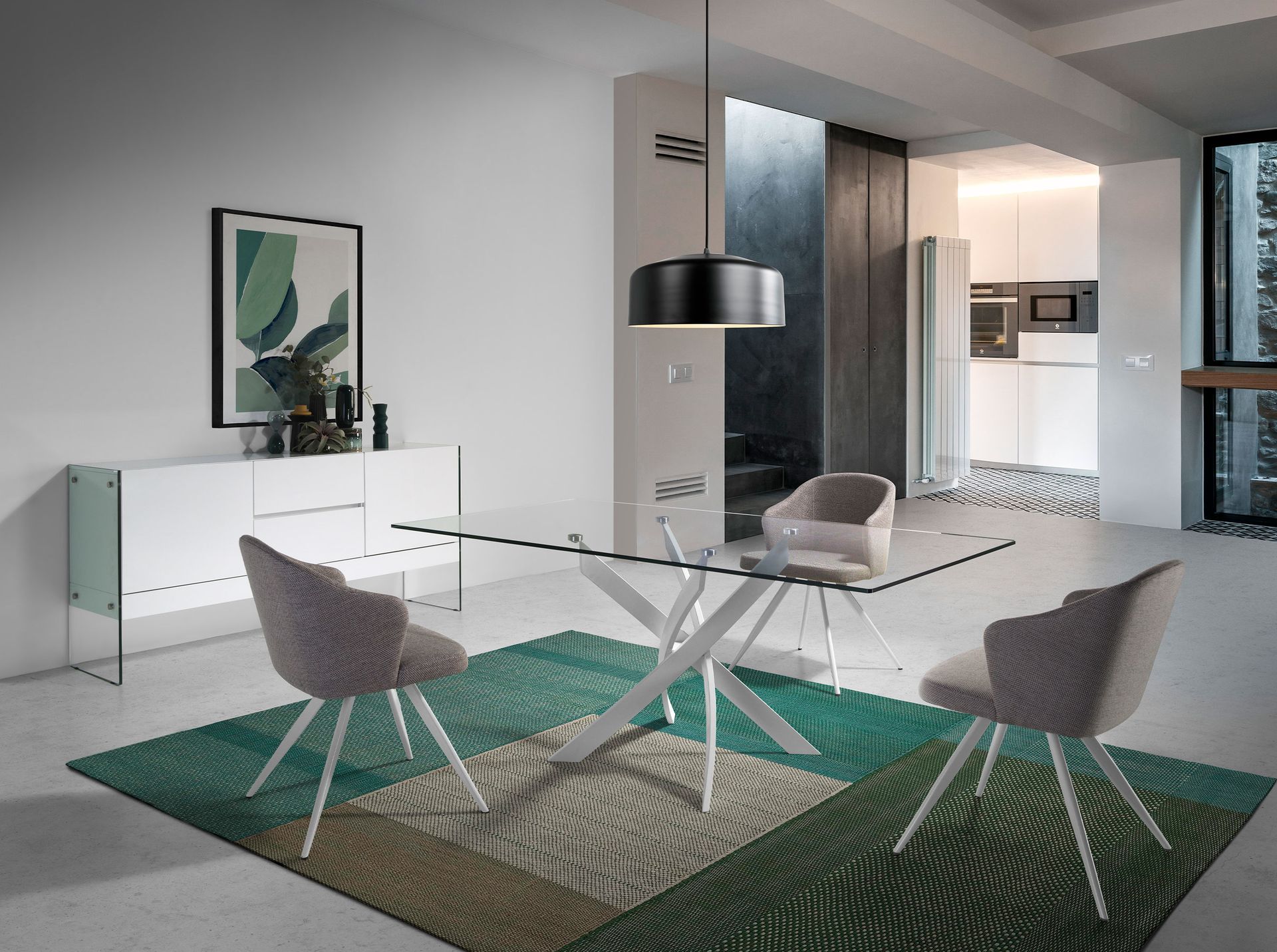Rectangular tempered glass and white steel dining table