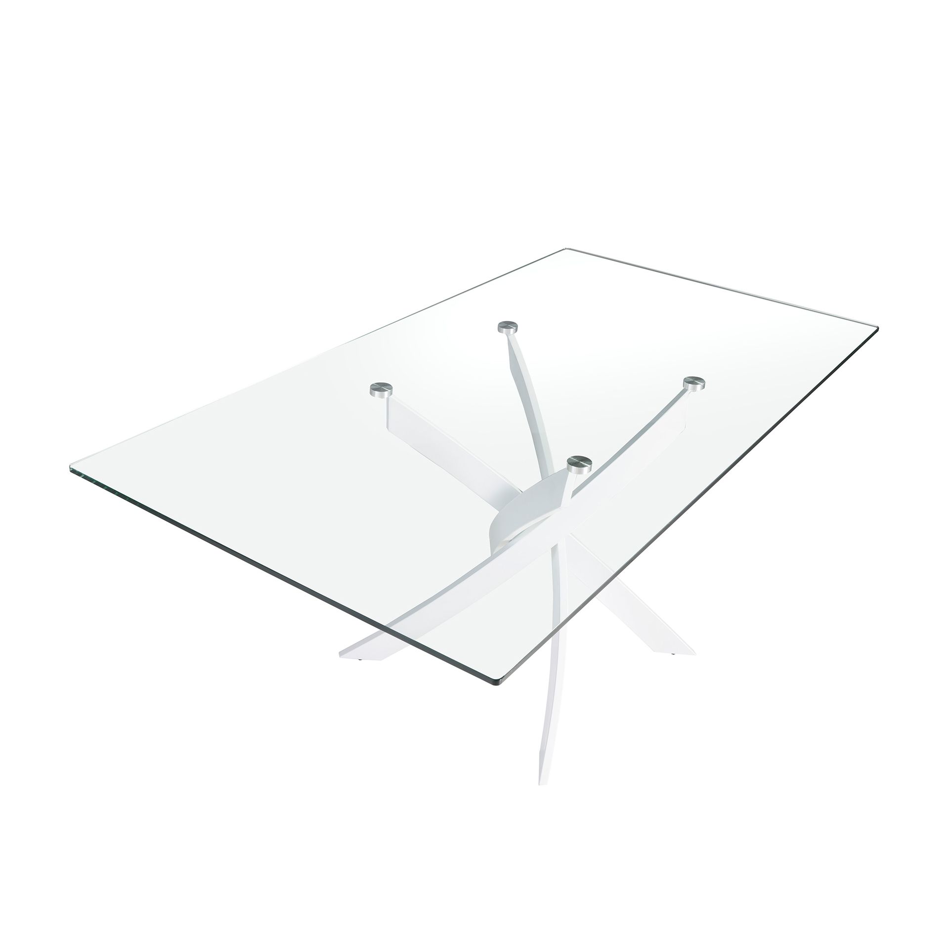 Rectangular tempered glass and white steel dining table