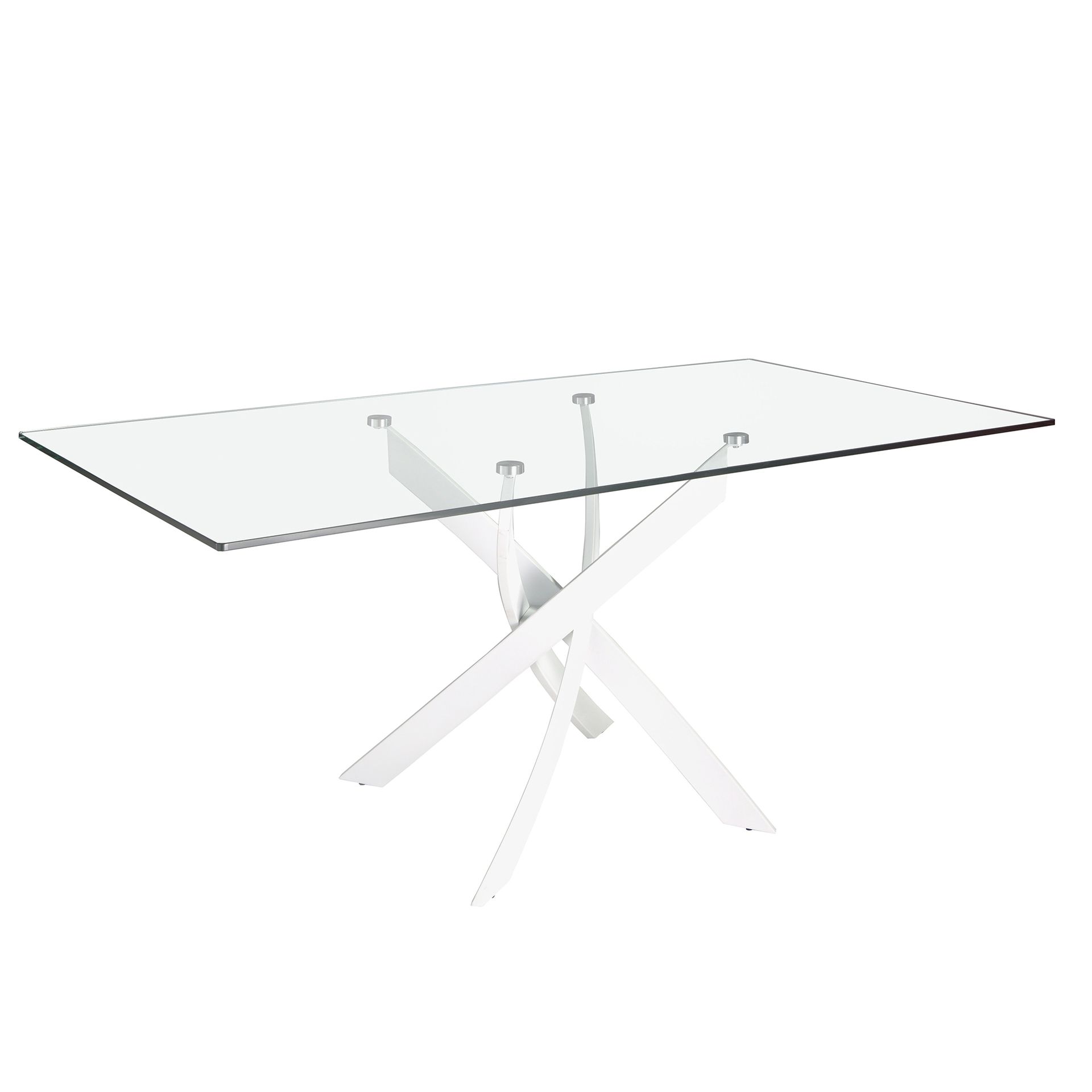 Rectangular tempered glass and white steel dining table